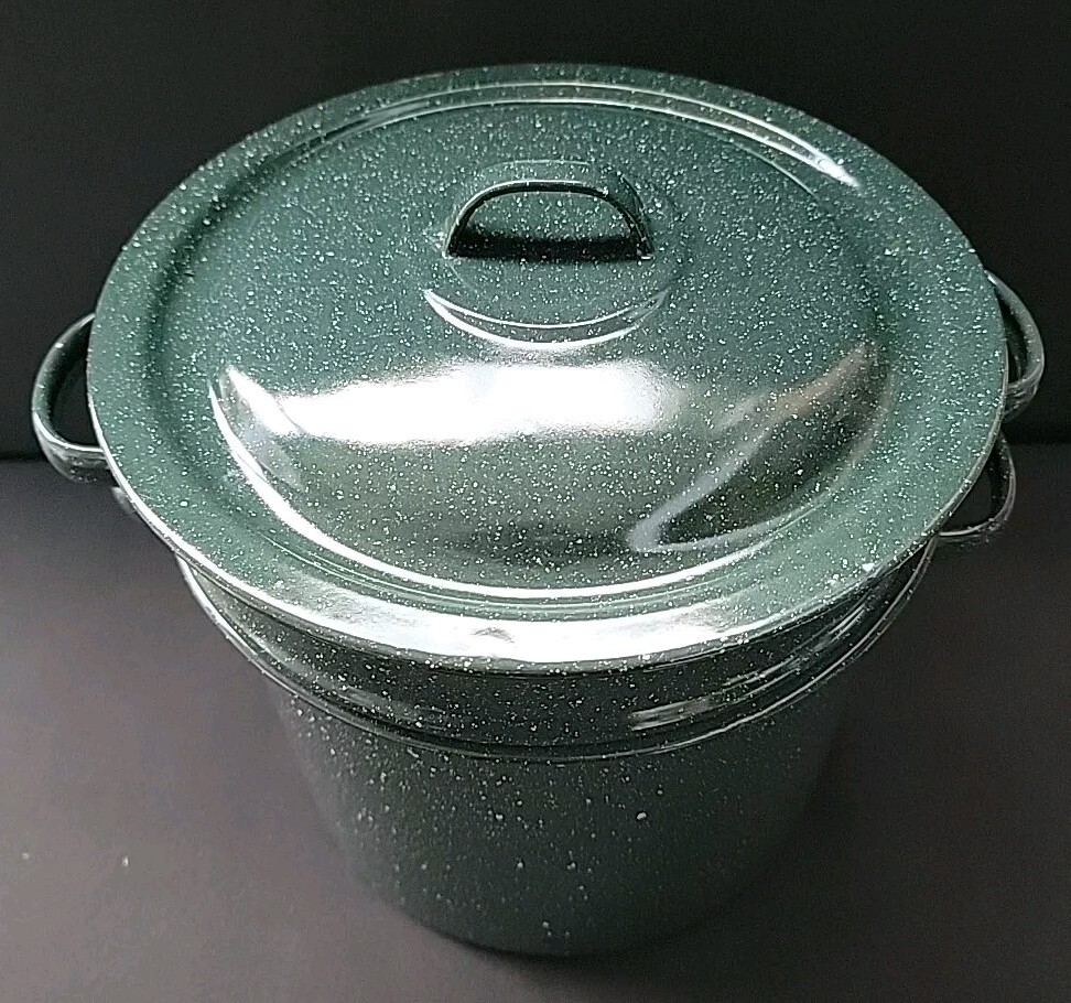 Green Enamelware MCM Speckled Stockpot Cookware with Lid 5 Pc (distressed) rare