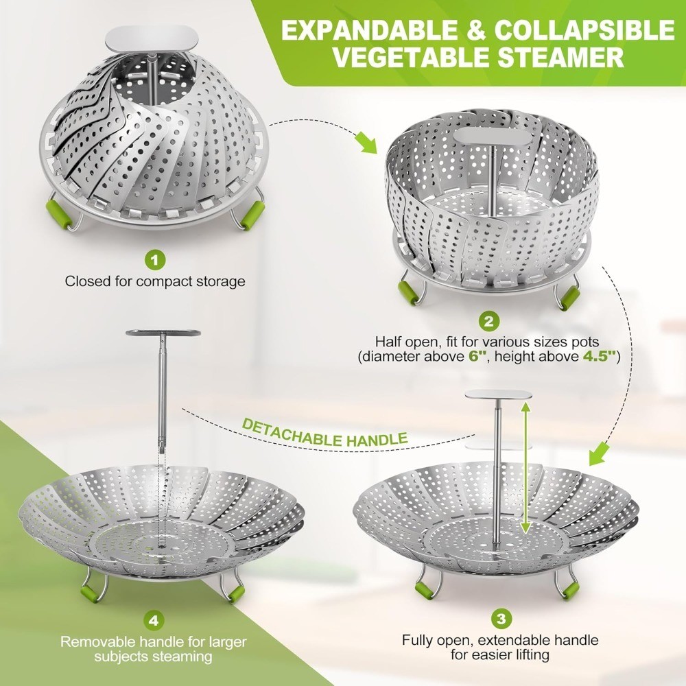 3 Tier Stainless Steel Steamer Basket Expandable Folding Vegetable Insert for