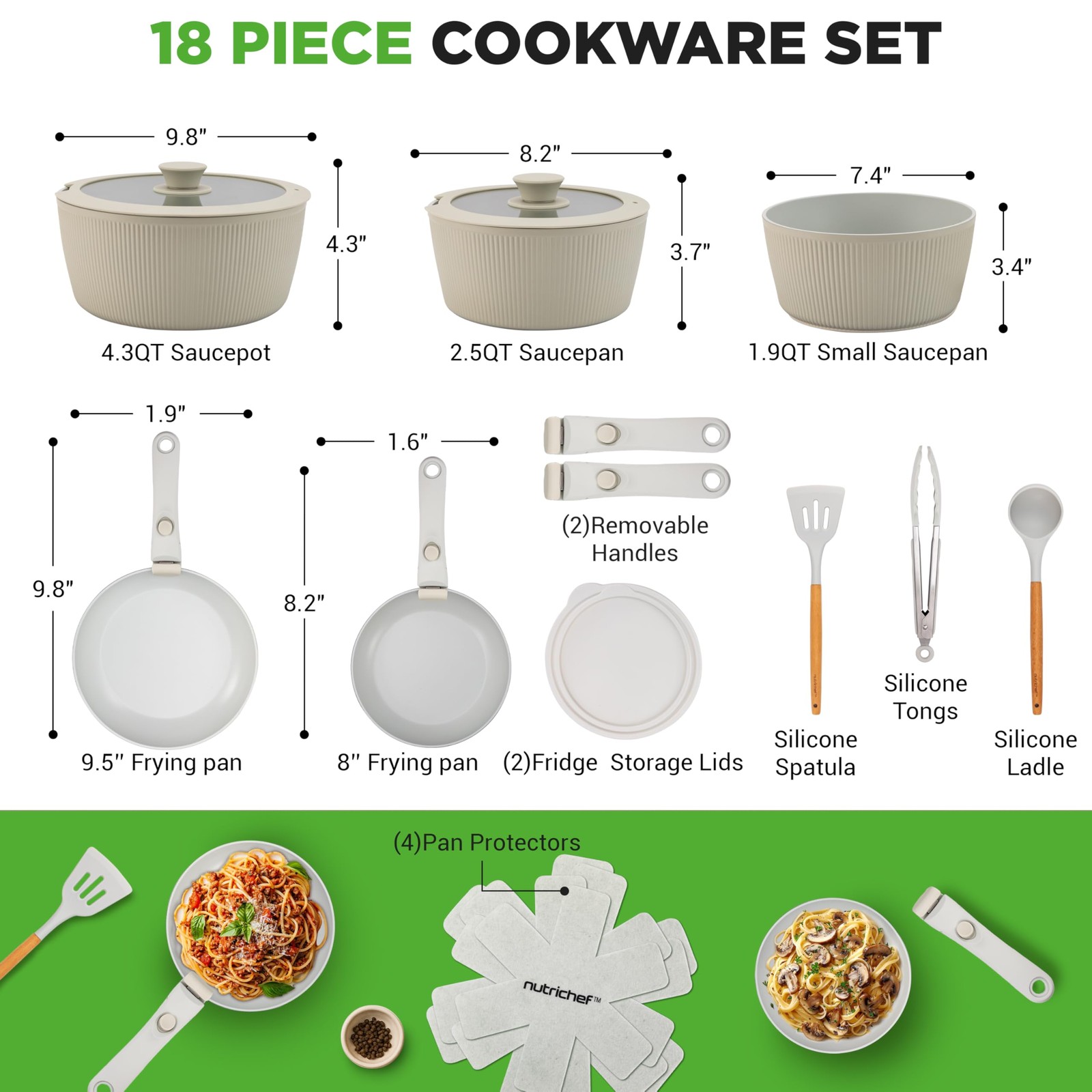 NutriChef 18-Piece Ceramic Cookware Set with Detachable Handles – Green