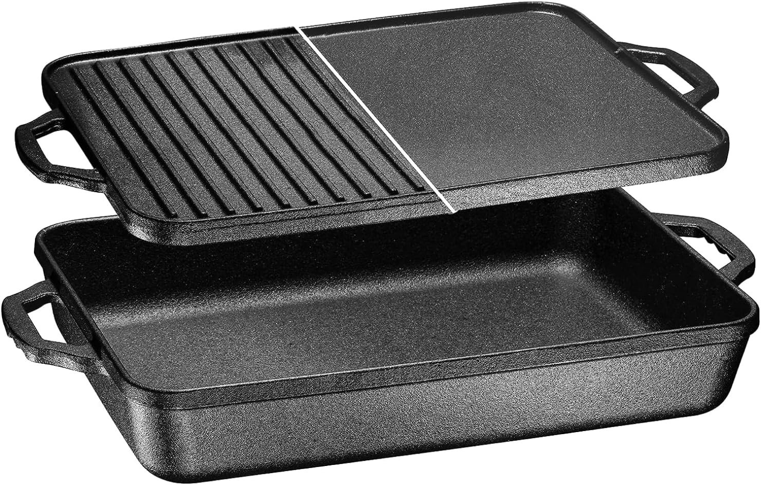 6.8 Quart Cast Iron Skillet W/ Reversible Grill Griddle Lid 3-in-1 Round