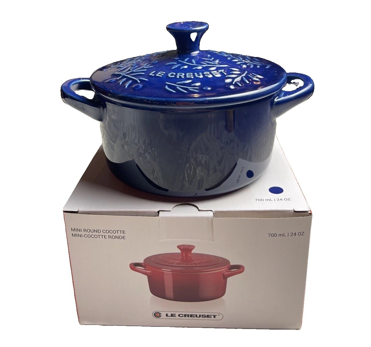 NIB 3 CUP Le Creuset Olive Branch Cocotte Indigo Blue 5.5″ 14cm 24oz 700ml