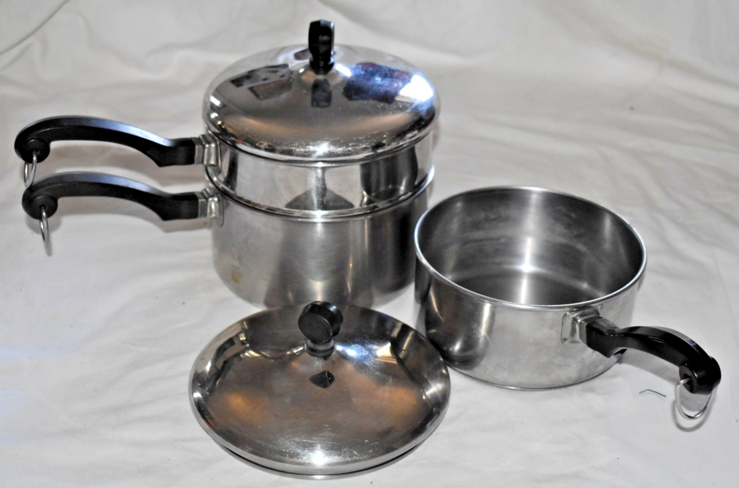 5 pc. FARBERWARE 1 1/2 qt + 2 qt DOUBLE BOILER + SAUCEPAN Pan POT & 2 Lids USA