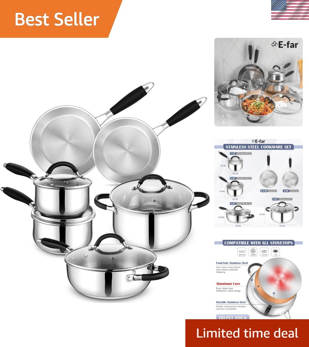 10-Piece Stainless Steel Cookware Set – Induction Tri-Ply Base Pots and Pans,…