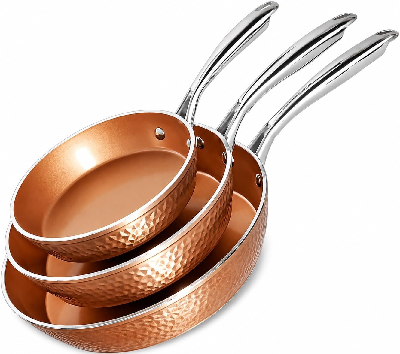 Gotham Steel Hammered Frying Pan Set, 3 Piece Nonstick Copper Fry Pans