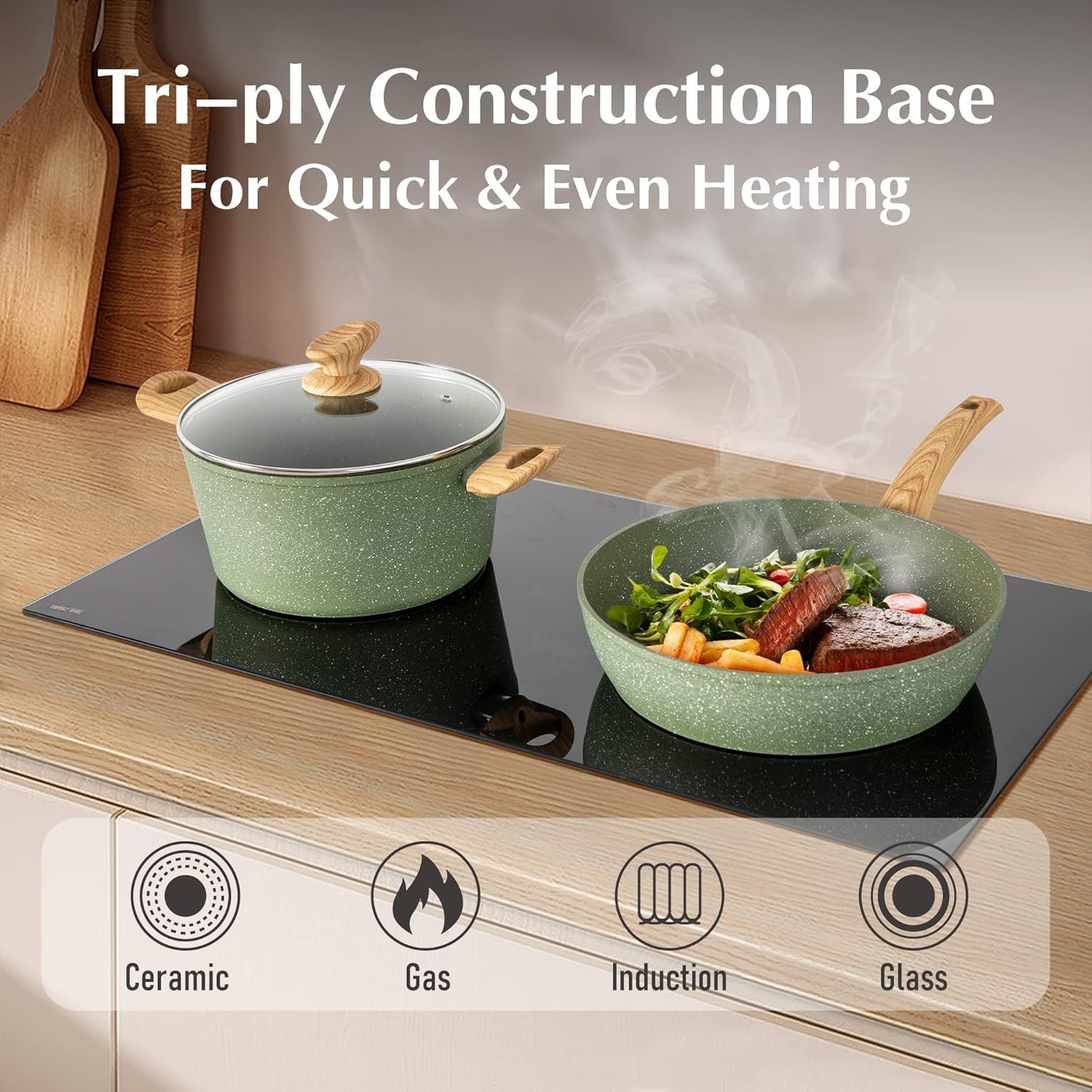 Pots and Pans Set Non Stick, 12 Piece Green Granite Kitchen Cookware Inductio…