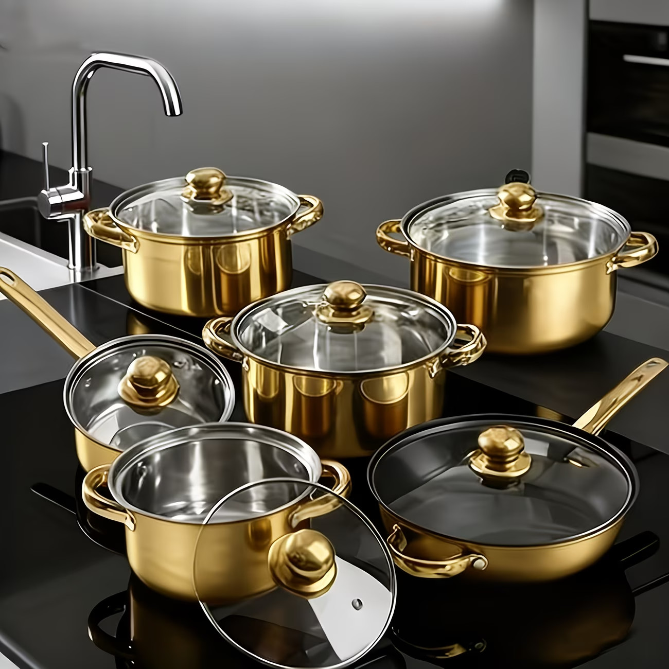 Stainless Steel Cookware Set | Golden Handles – Non – Stick | 12 Pieces