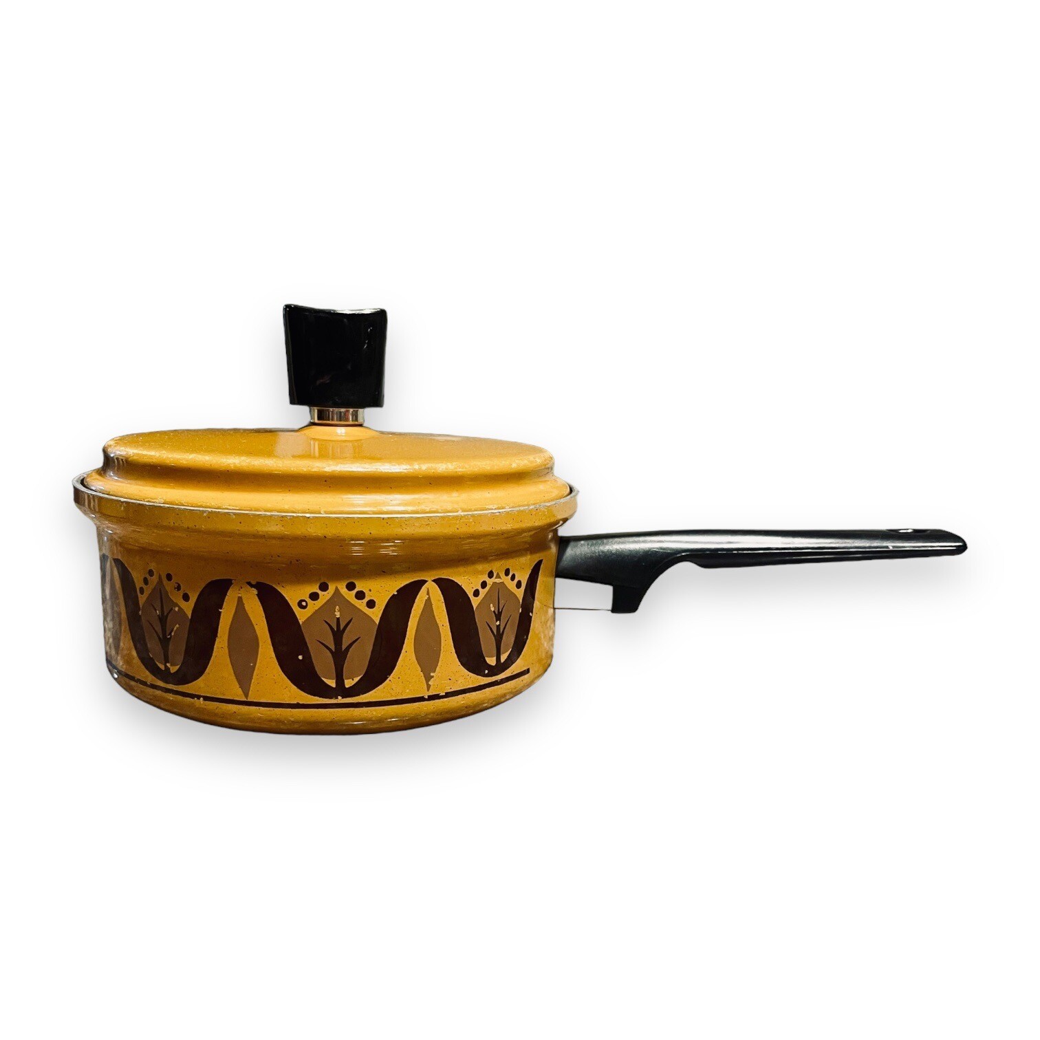 Ekco Eterna Mustard Brown Pan with Lid 7in Diameter Enamel Retro 70’s Vintage
