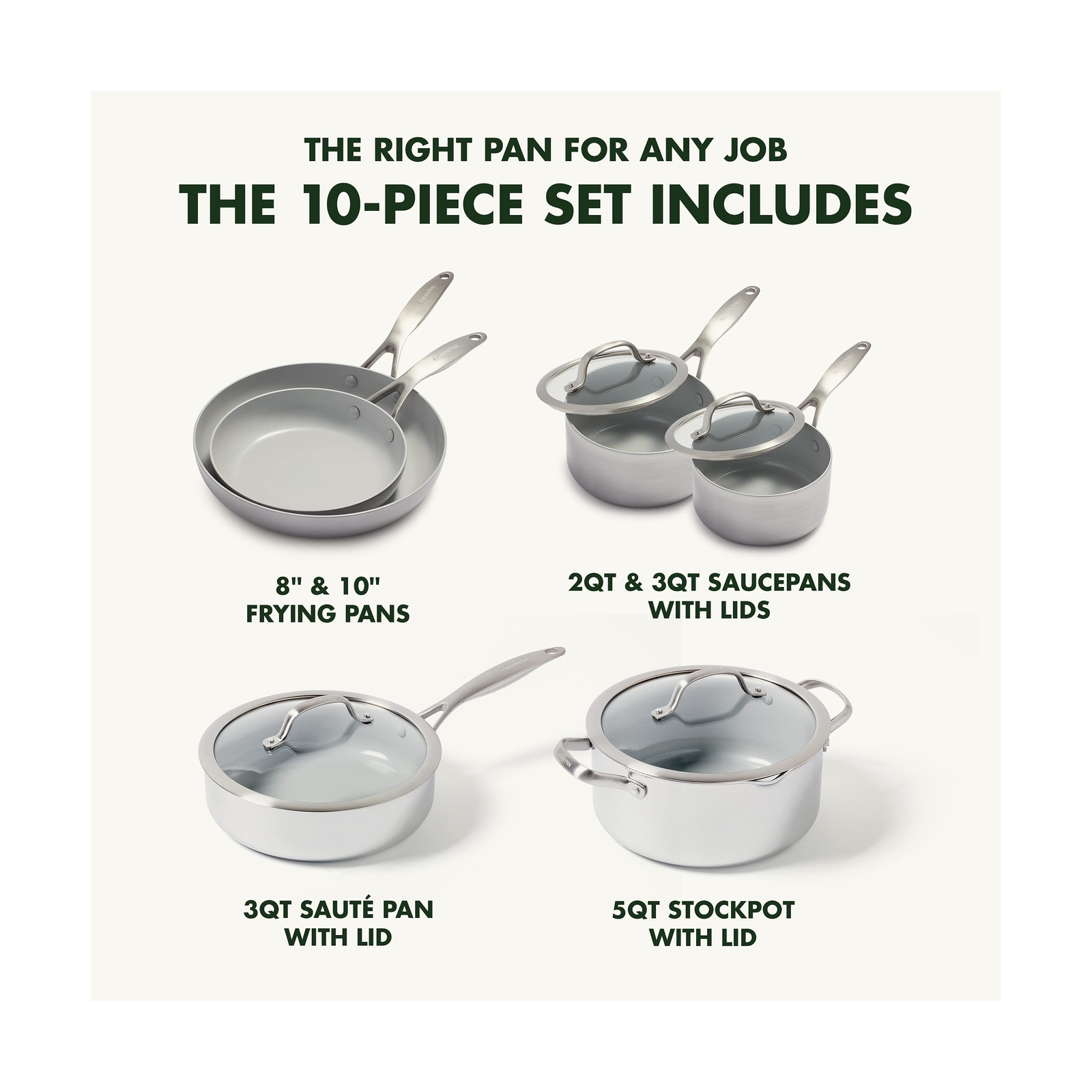 GreenPan Venice Pro 10 Piece Cookware Set, Stainless Steel Non-Toxic PFAS-Fre…
