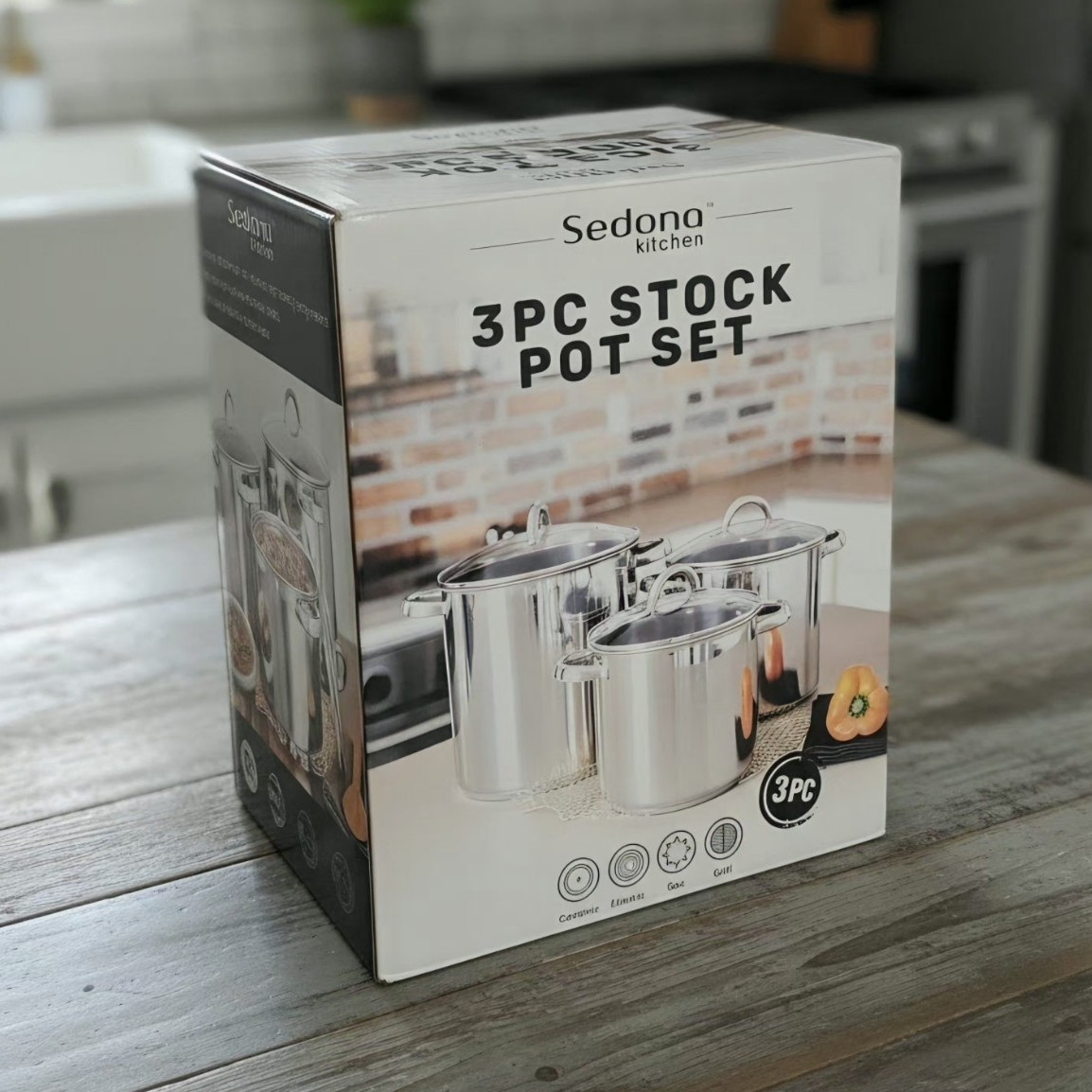 Sedona Kitchen 3-Piece Stainless Steel Stockpot Set w/ Lids, Silver