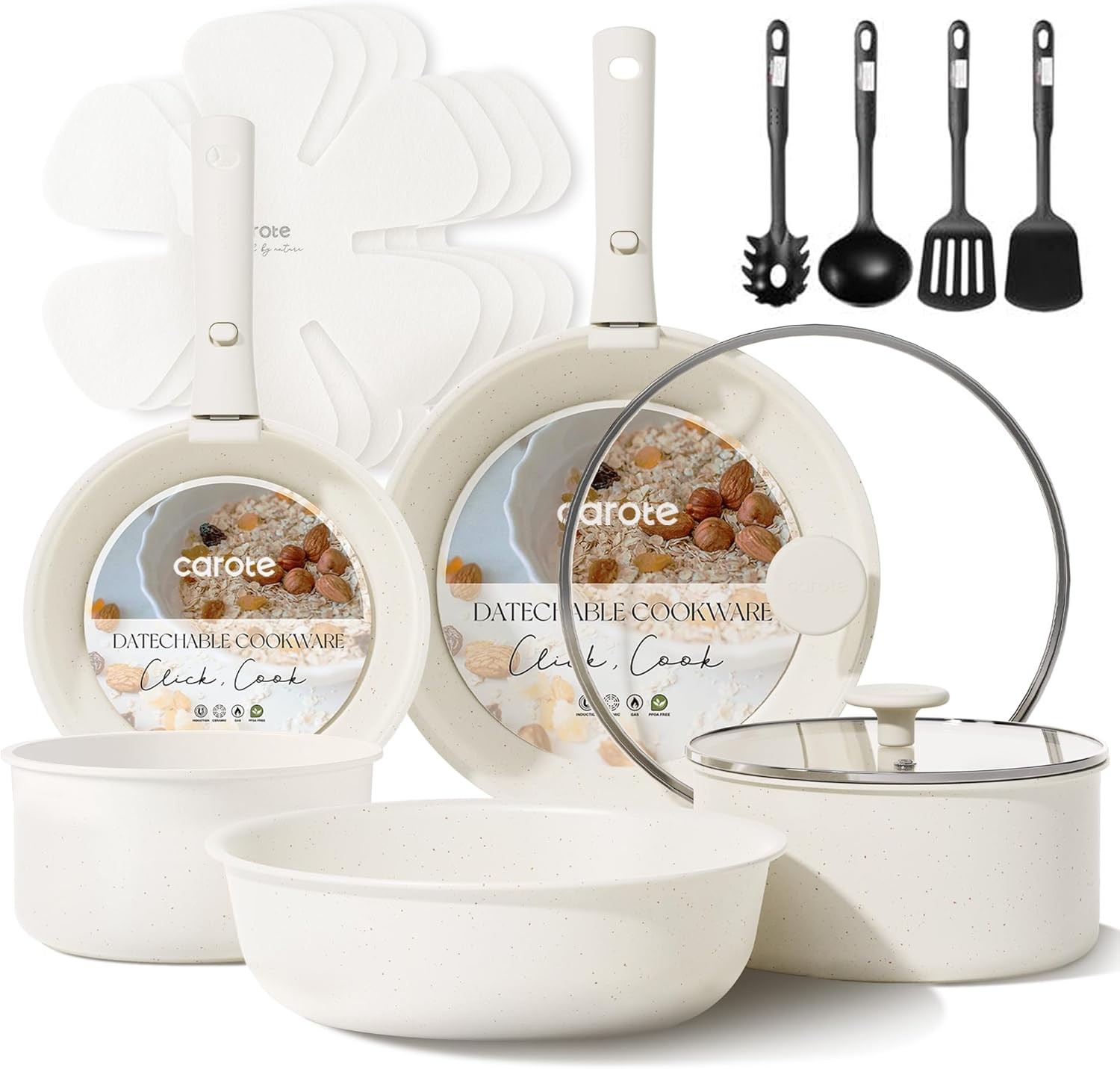 CAROTE 17pcs Pots and Pans Set, Nonstick Cookware Set Detachable Handle, Inducti