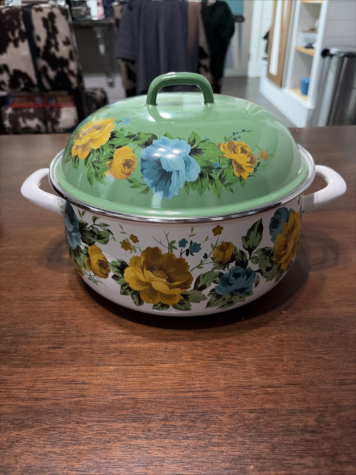 The Pioneer Woman 4 QT Sock Pot Rose Shadow With Lid Floral Enamel Steel 3.7L