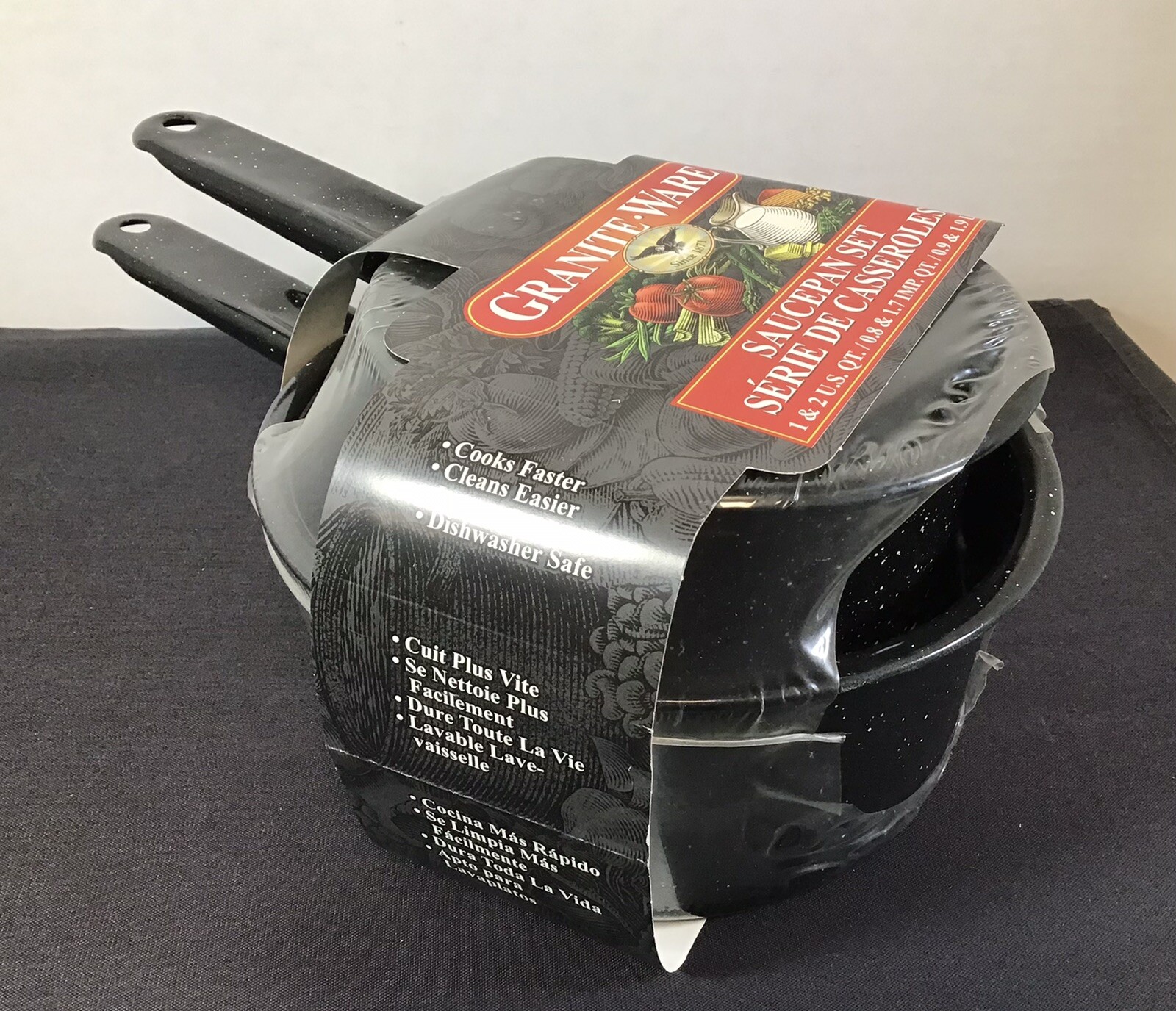 Granite Ware Saucepan Set 1 Quart and 2 Quart 6148 New Factory Sealed Black NEW
