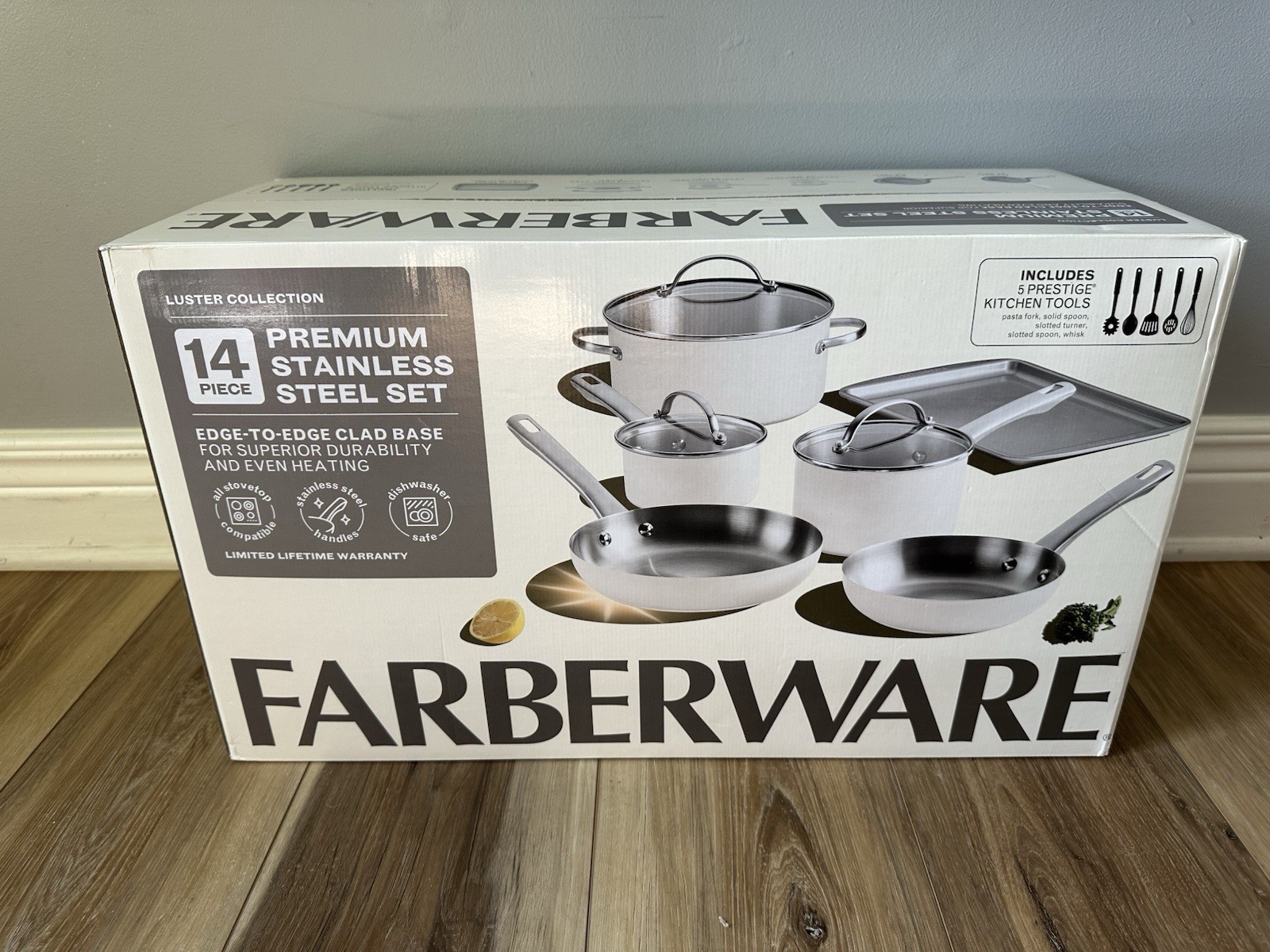 Farberware 14-Piece Luster Classic Stainless Steel Cookware Set Pots Pans White