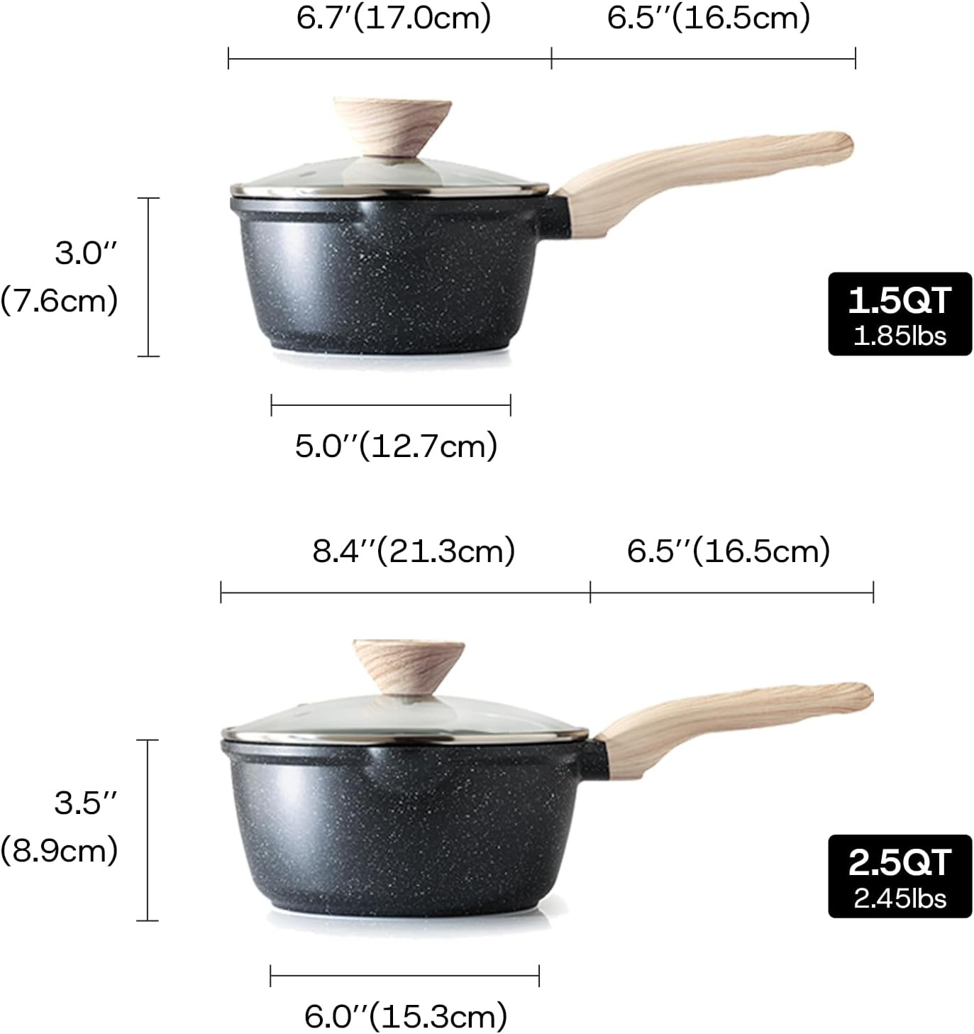 Sauce Pan Set with Lid, 1.5Qt & 2.5 Qt Nonstick Cooking Pots with Pour Spout, Ea