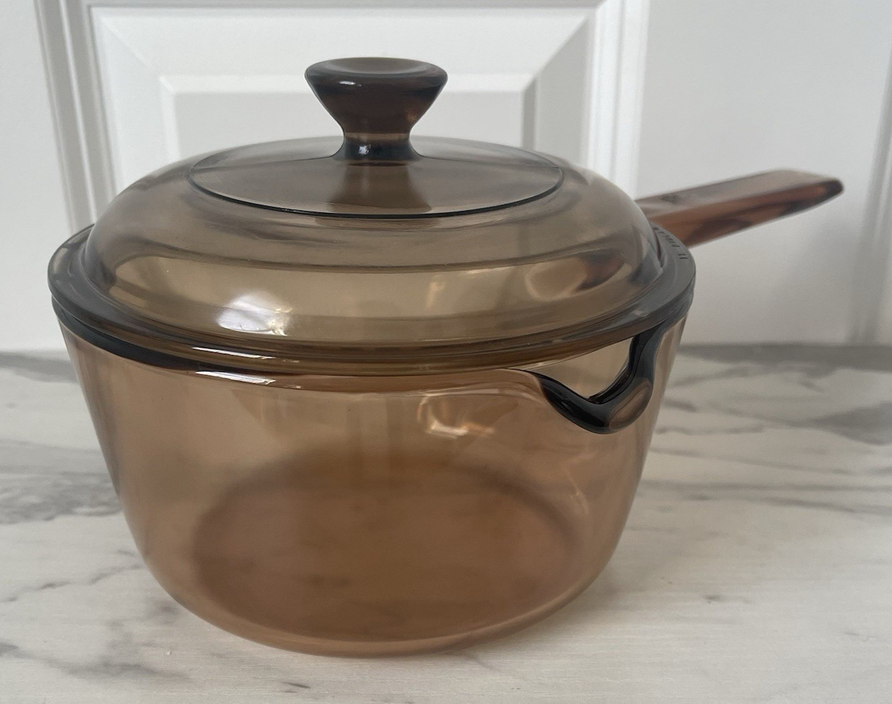 Vintage Pyrex Corning Vision Ware Amber 1L Glass Cooking Pot Spout Lid – USA