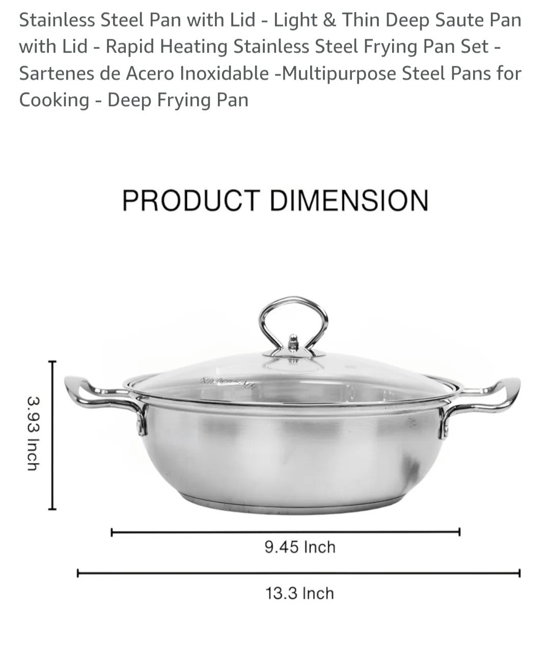Kitchen Art Stainless Steel Deep Sautee Frying Pan 24cm 9.45in Rissoto Pot/Lid