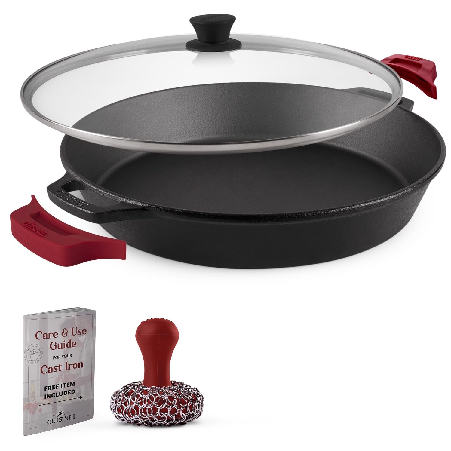 Cuisinel Cast Iron Skillet + Glass Lid + Red Chainmail Scrubber – 15″-Inch Du…