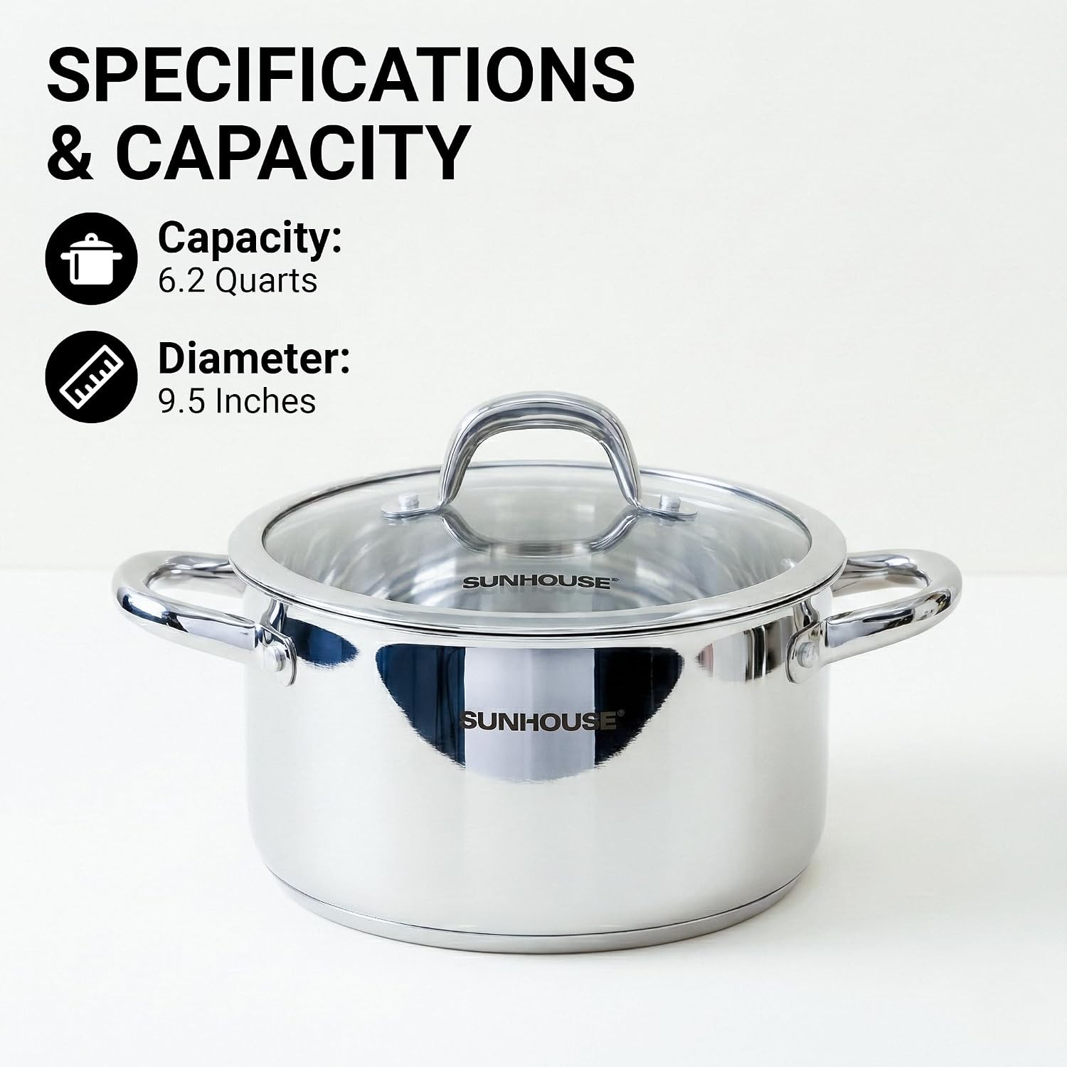 SUNHOUSE Whole-Clad 6.2 Quart Stainless Steel Stock Pot with Lid | Professional