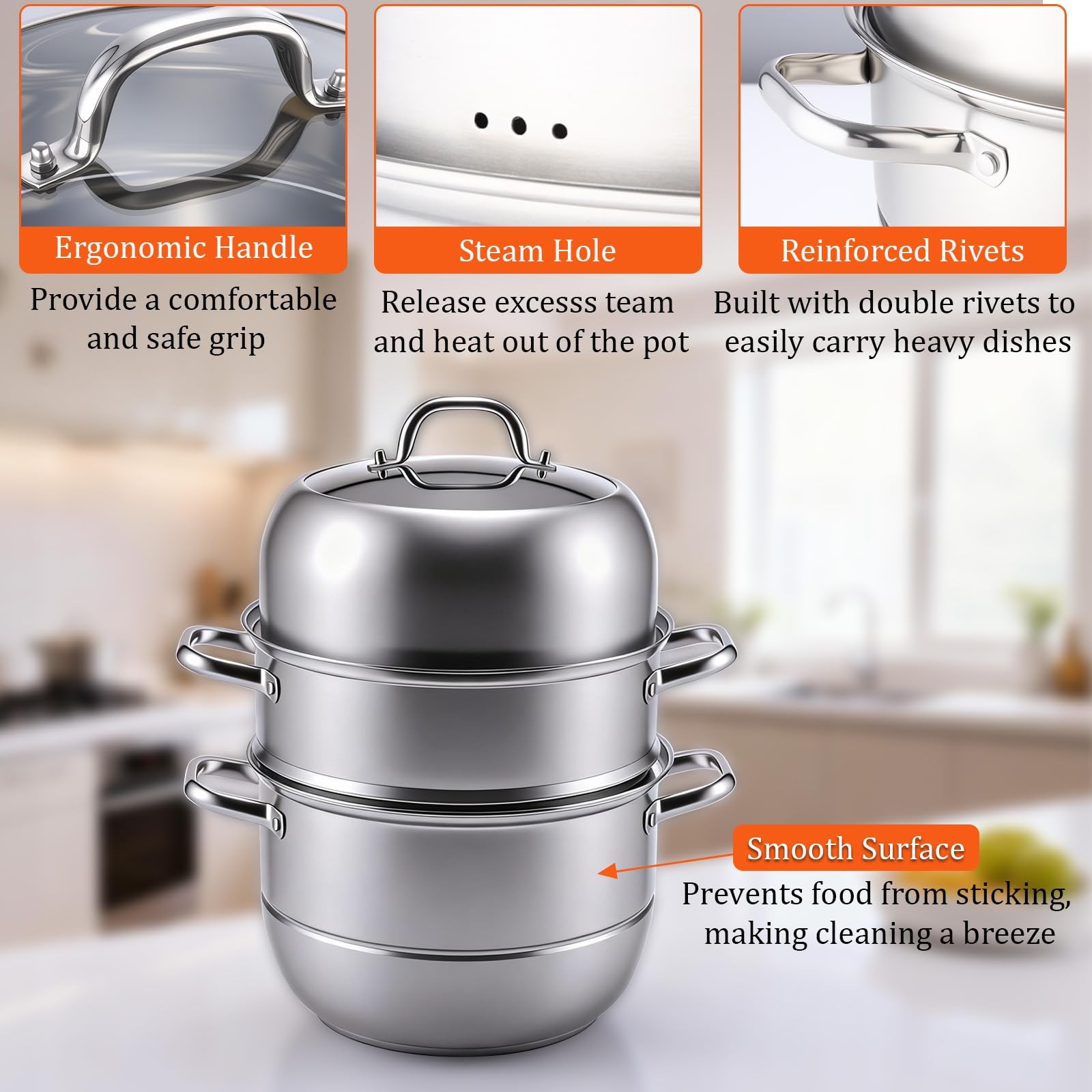 2-Tier Stainless Steel Induction Steamer Pot (30cm/11.8Inch) – Large Food Ste…
