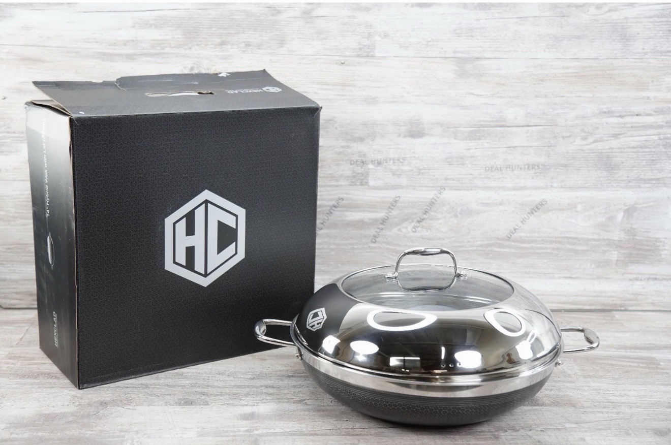 VERY NICE USED! HexClad Hybrid Nonstick 14″ Wok Stainless Steel Lid OPEN BOX