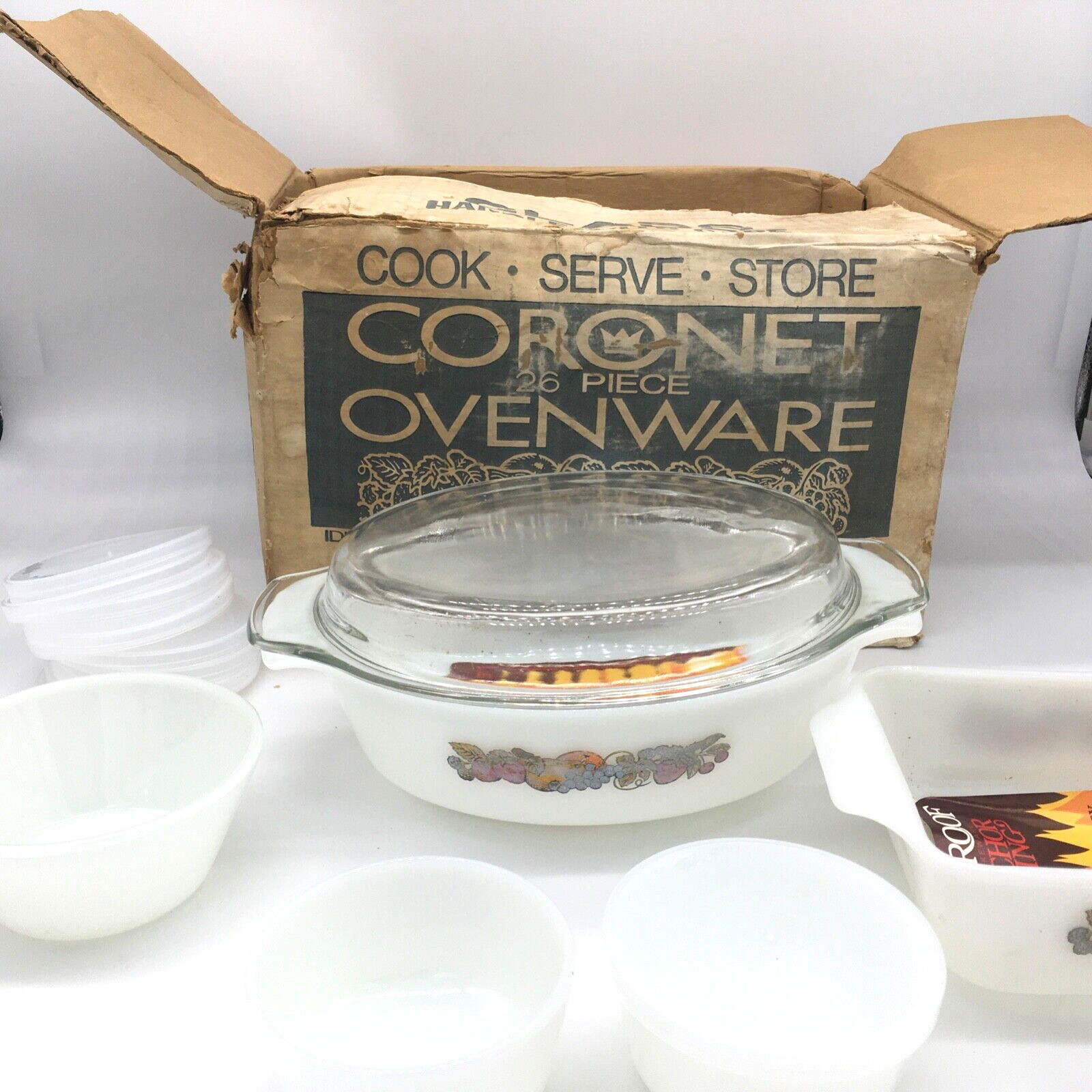 Vintage Anchor Hocking FireKing Fruit Harvest 26 Piece Casserole Storage set