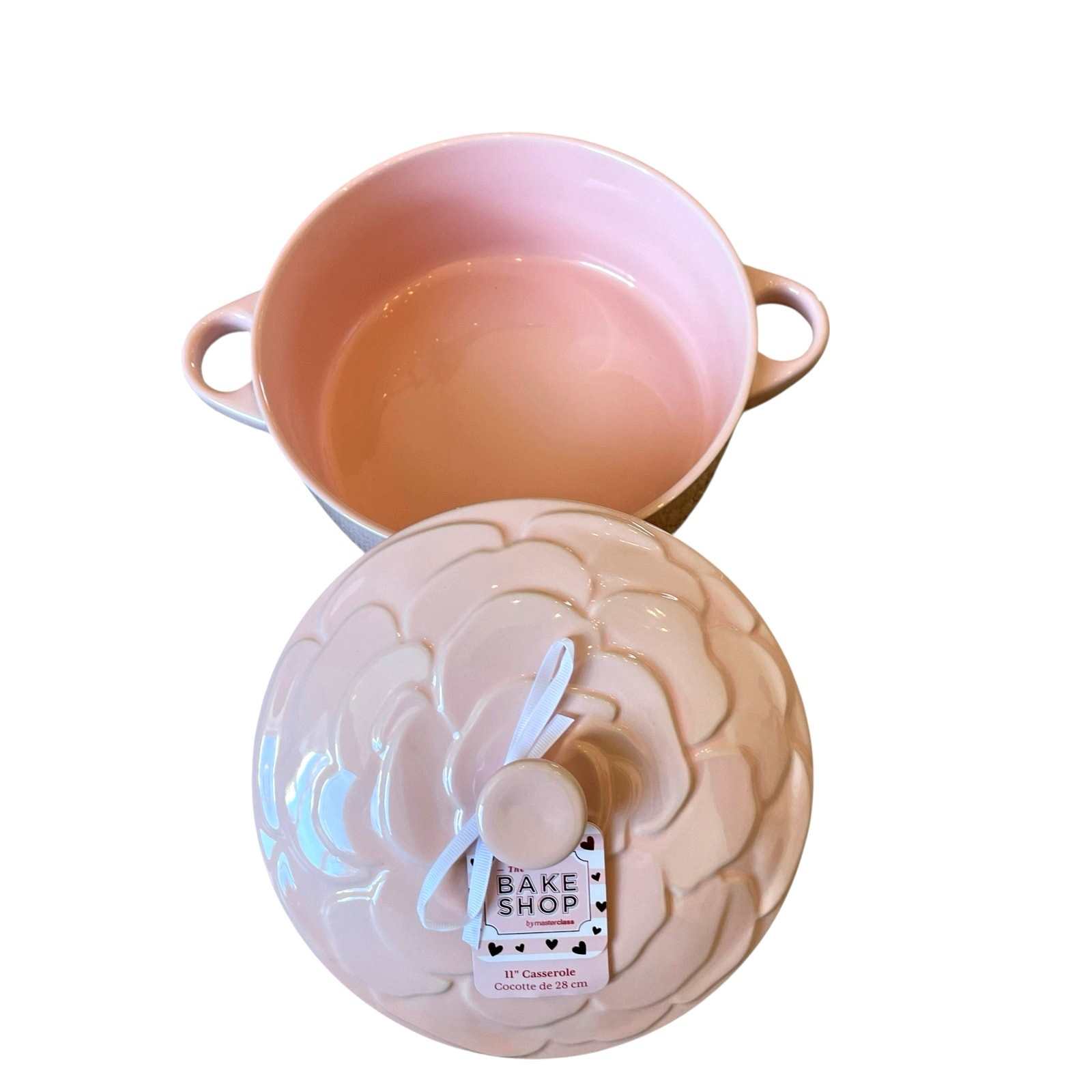 The Bake Shop Rose Embossed Casserole Dish w/ Lid 11in Large Pastel Pink New