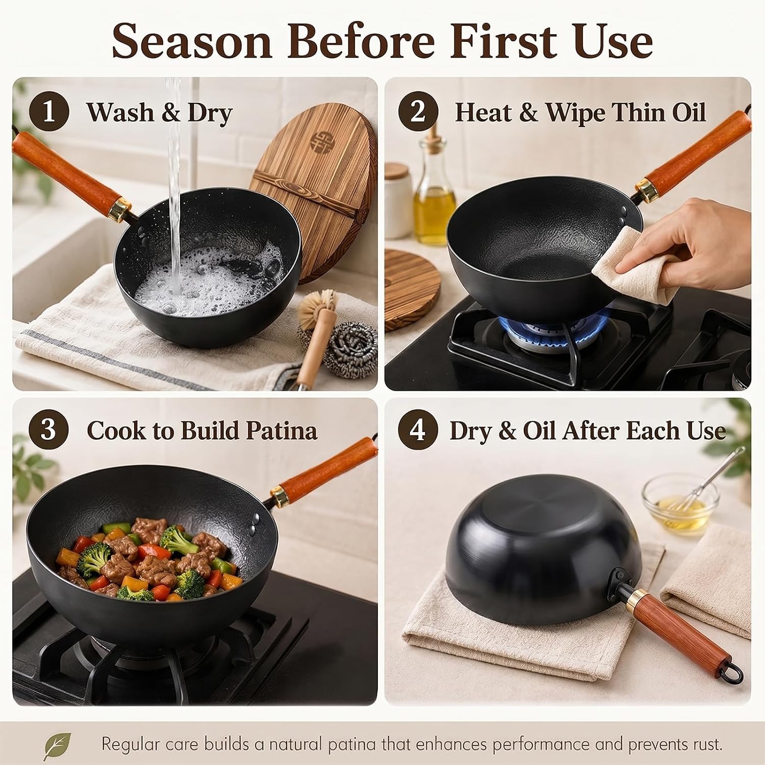 8.7 Inch Carbon Steel Mini Wok with Wooden Lid & Detachable Handle, 2.2 Qt Small