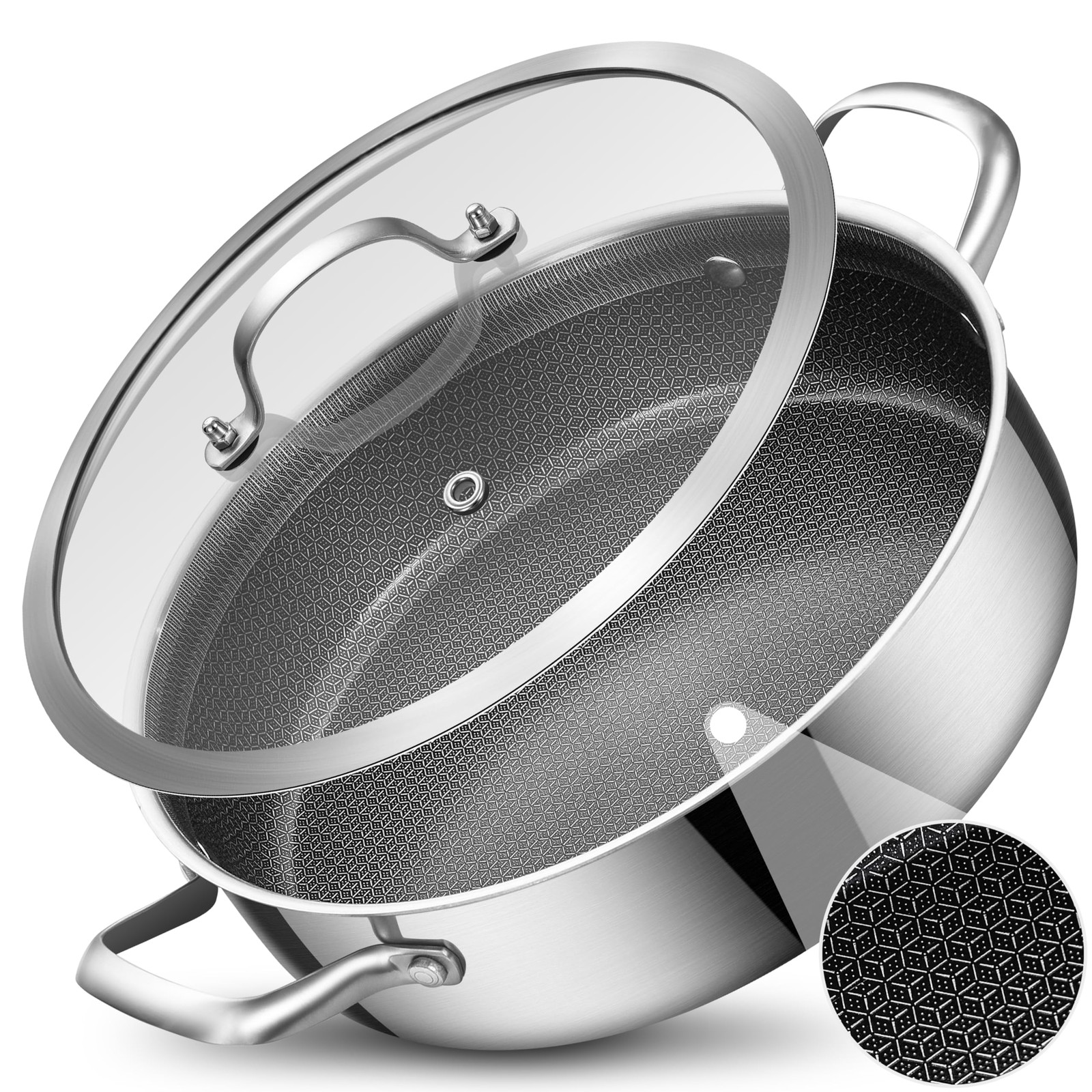 LOLYKITCH 5 QT Hybrid Ceramic Non Stick Tri-Ply Stainless Steel Sauté Pan wit…