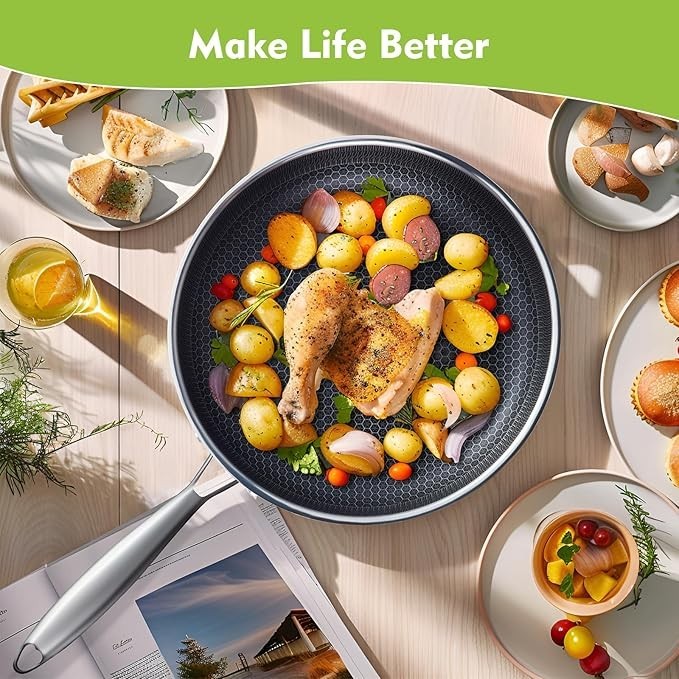 Non Stick Frying Pans, Hybrid 12 Inch Frying Pans Nonstick with Lid, Stainles…