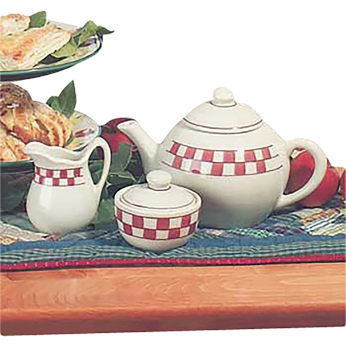 Stoneware Teapot 64oz White/Red Creamer/Sugar Dish Checker Renovators Supply