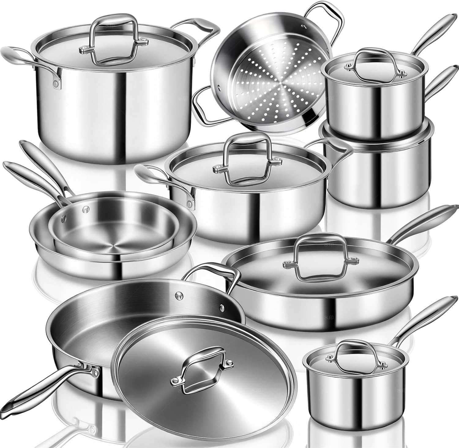 Stainless Steel Cookware Set, 3 Ply 17 Piece Stainless Steel Pot and Pan Set, Ov