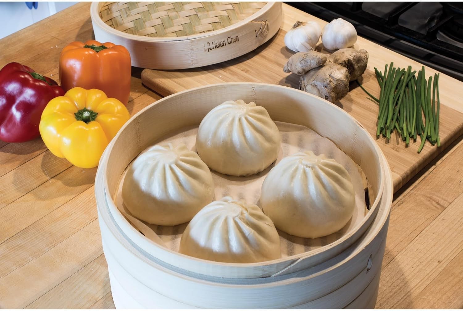 2 Tier Bamboo Steamer Basket 6 Inch for Dumplings Bao Buns Vegetables Fish Rice