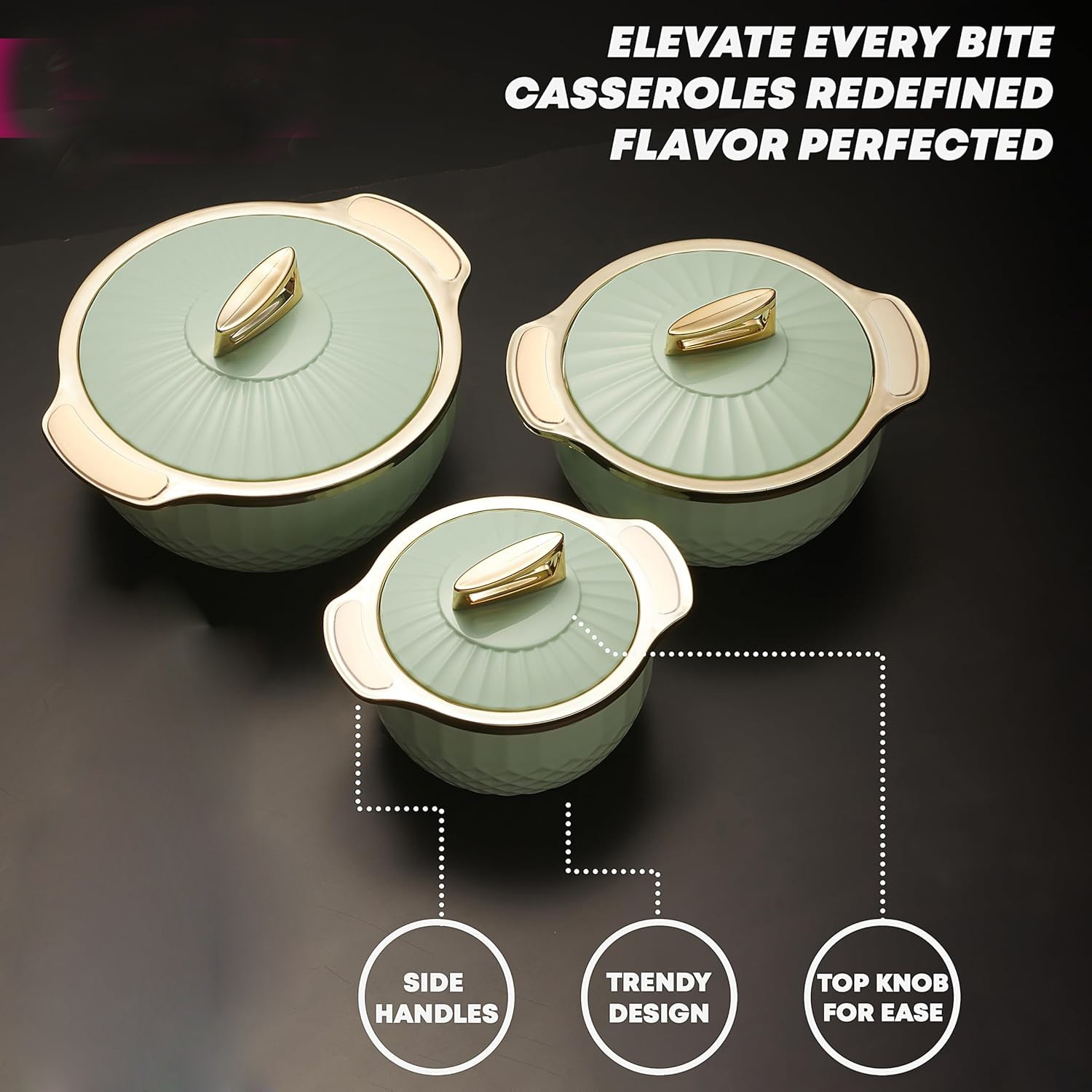 Inner Steel Casserole Set of 3 750 ml,1000 ml & 1500 ml BPA Free Hot Pot
