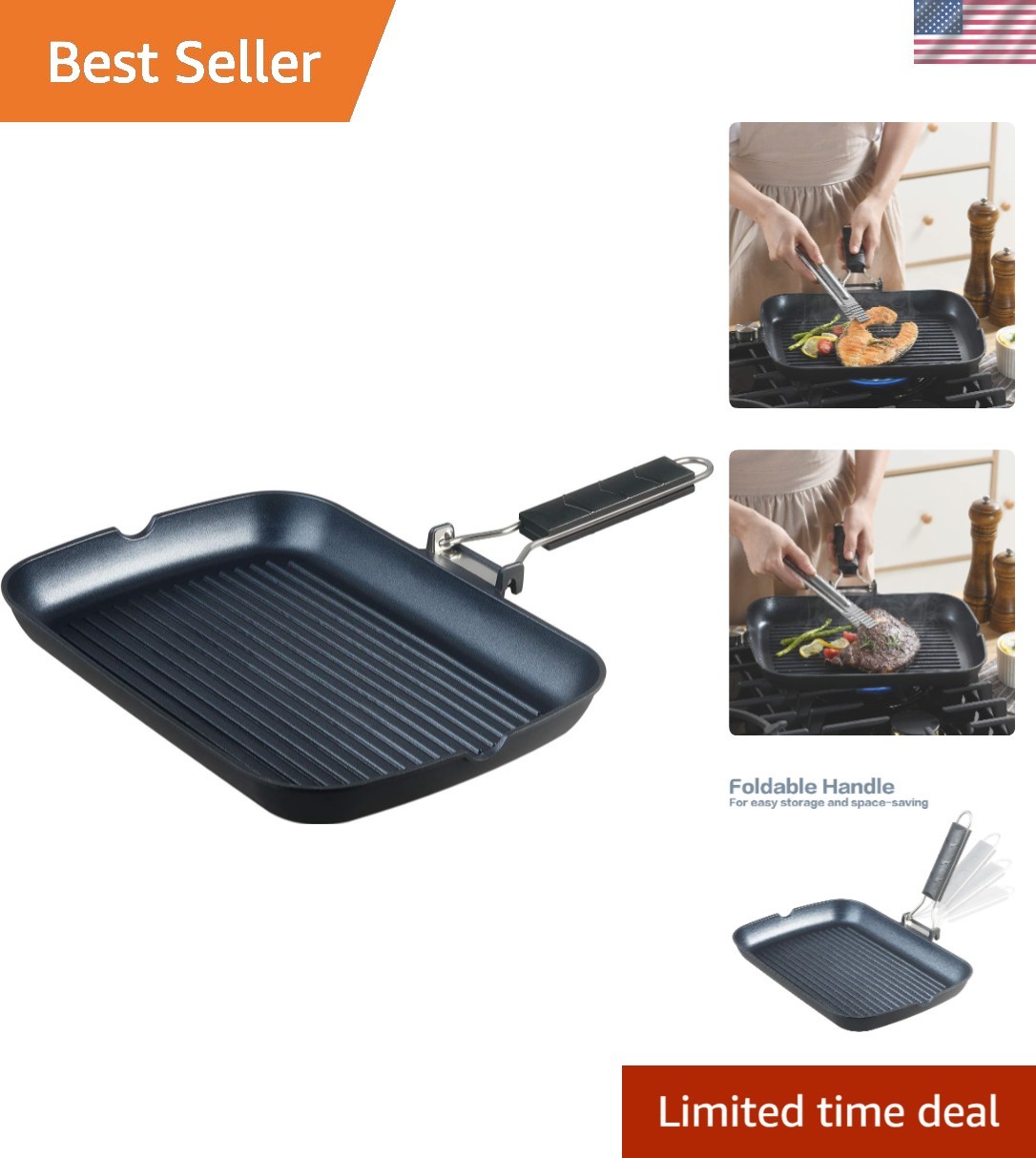 SKITCHN 13x9in Nonstick Grill Pan with Folding Handle – Indoor BBQ Essentials