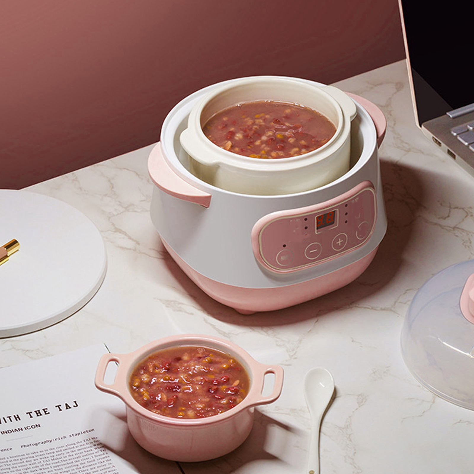 200W 1L Electric Stew Pot with Ceramic Interior Pot Slow Cooker Pot with Lid