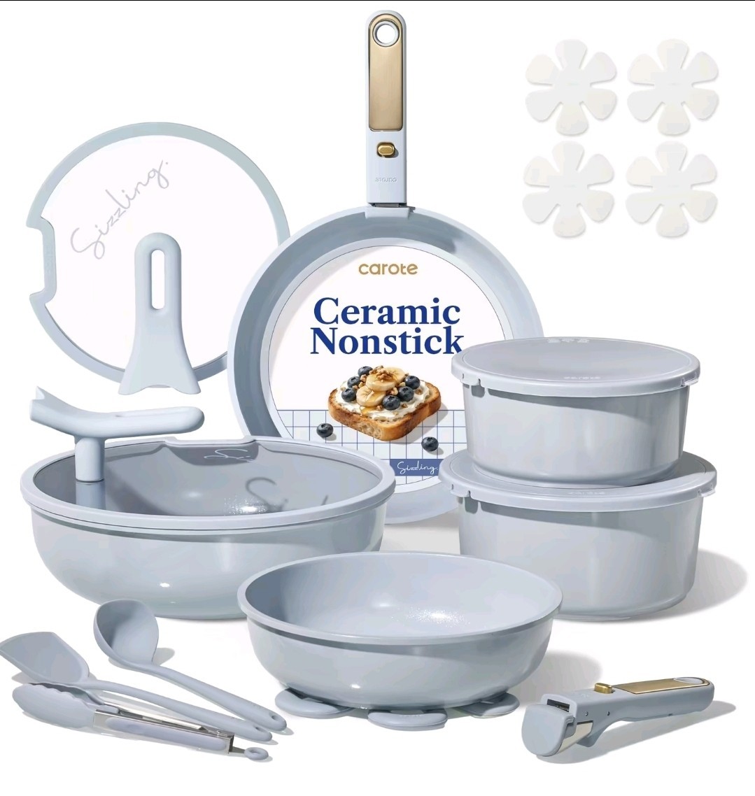 Carote 14-Piece Gray Gold Ceramic Nonstick Pan Set Lids Gas Electric Induction