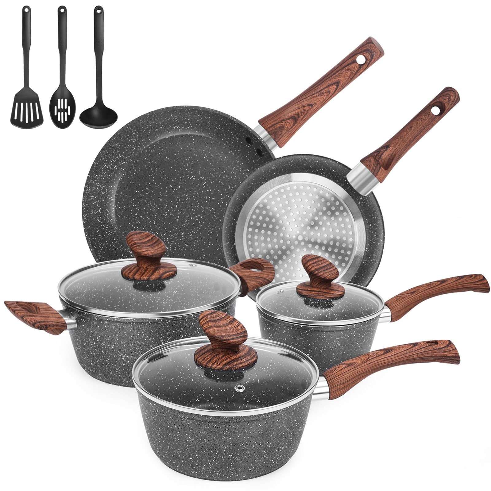 Granite Pots and Pans Set Non Stick, 11 Piece Die-Cast Induction Cookware Set, N