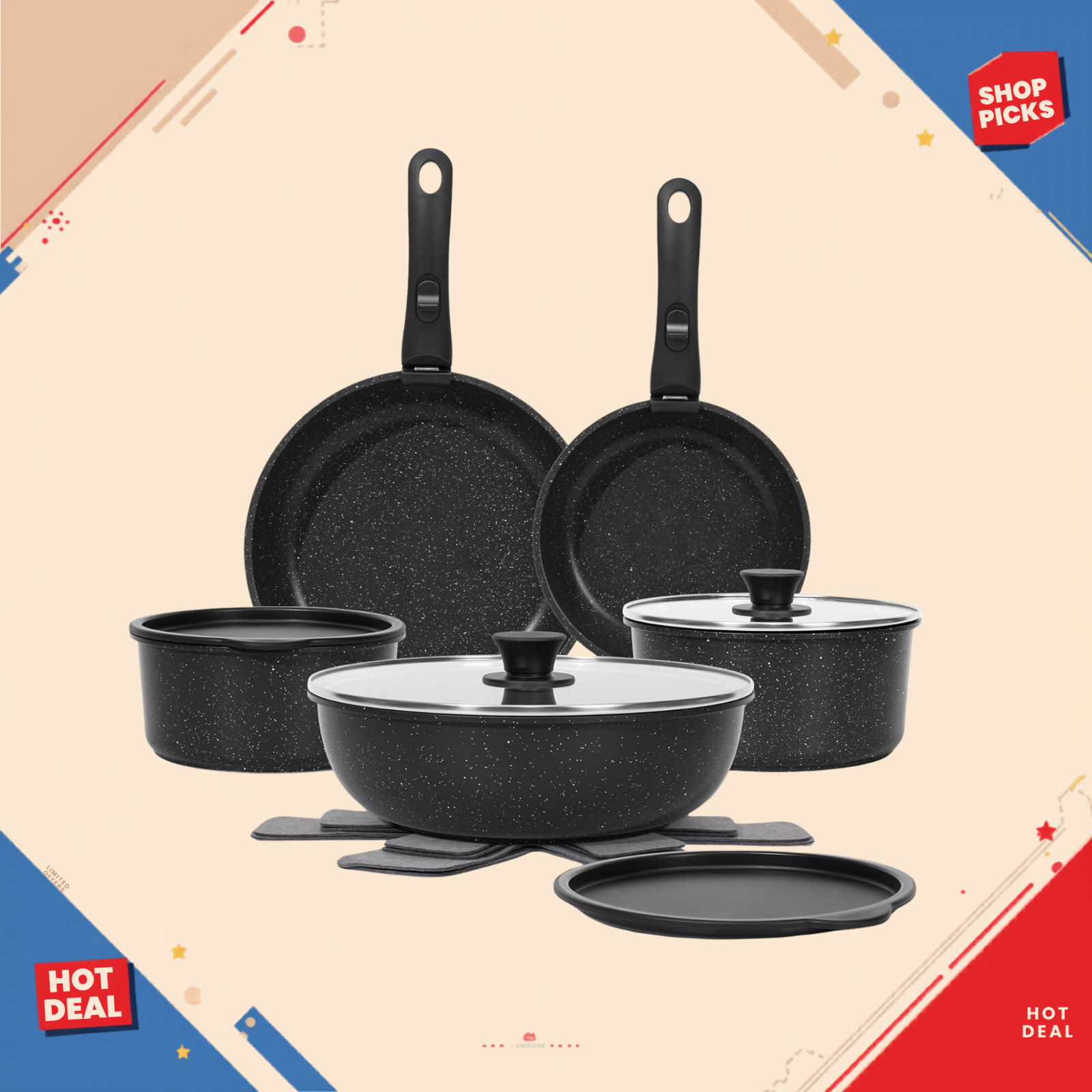 NEW 15Pcs Pots and Pans Set Nonstick Detachable Handle Induction Black