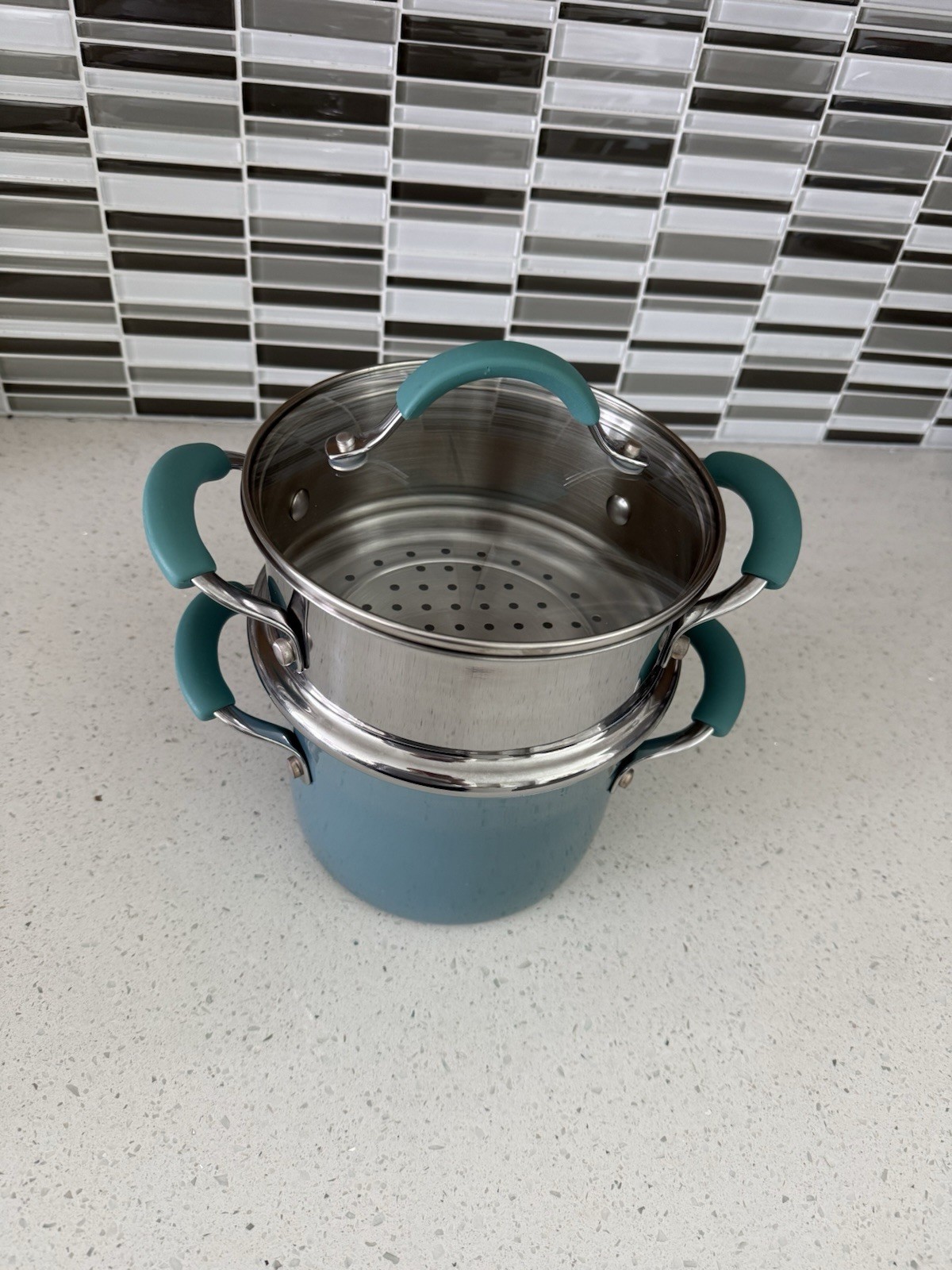 Rachael Ray Blue Classic Brights 3 Qt Hard Enamel Nonstick Steamer Set NEW