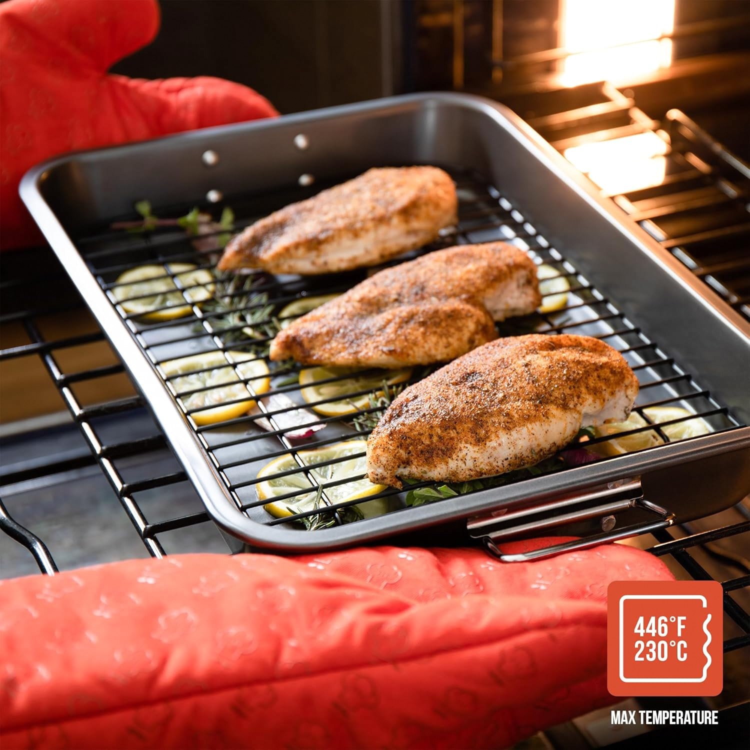 Chef Pomodoro Nonstick Roasting Pan with Rack Turkey Pan Grey