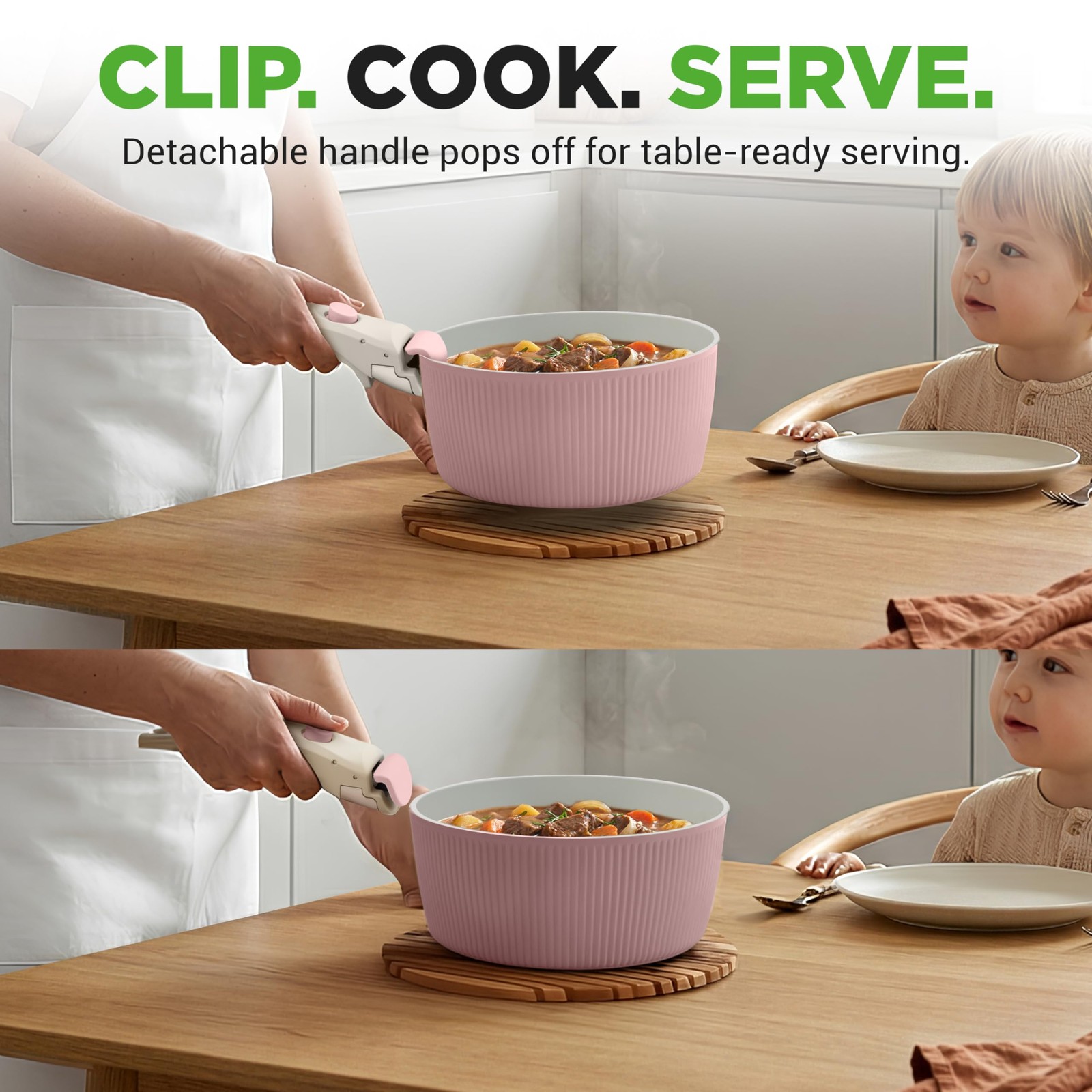 NutriChef 18-Piece Ceramic Cookware Set Detachable Handles Pink