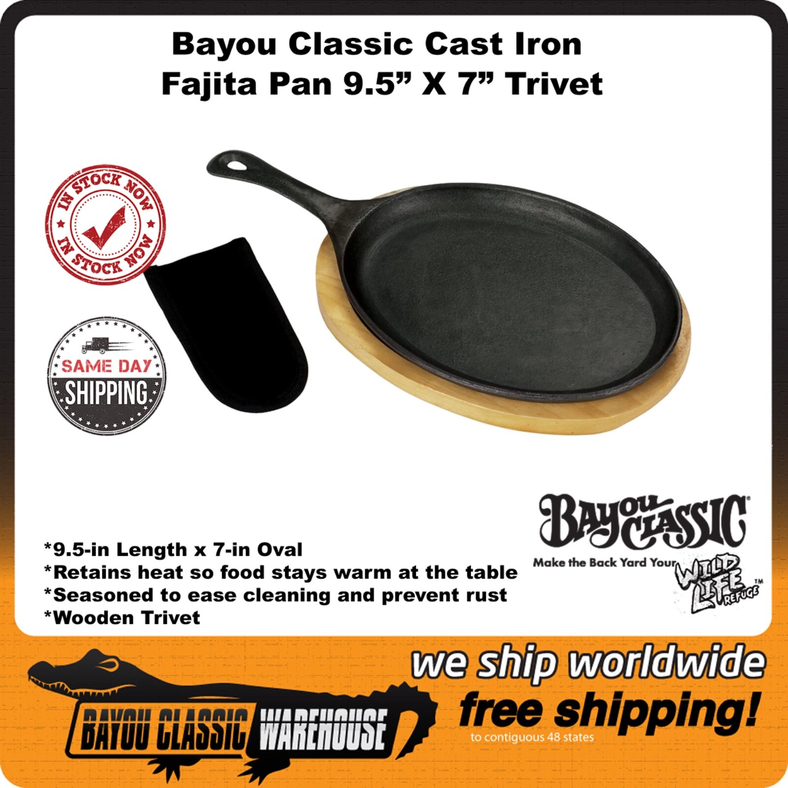Cast Iron Fajita Pan With Wooden Trivet & Mitt 9.5″ X 7″ by Bayou Classic 7408