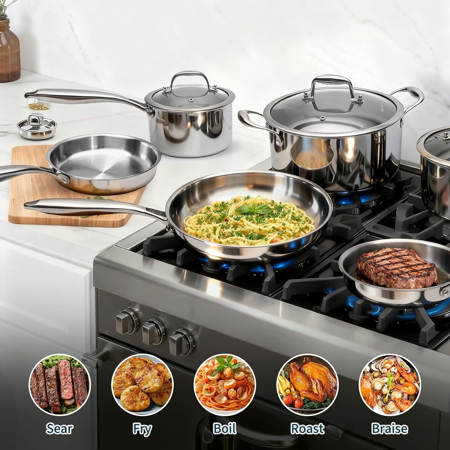 3 Ply Stainless Steel Cookware Set, 10-Pieces Pots and Pans Set, Induction Ki…