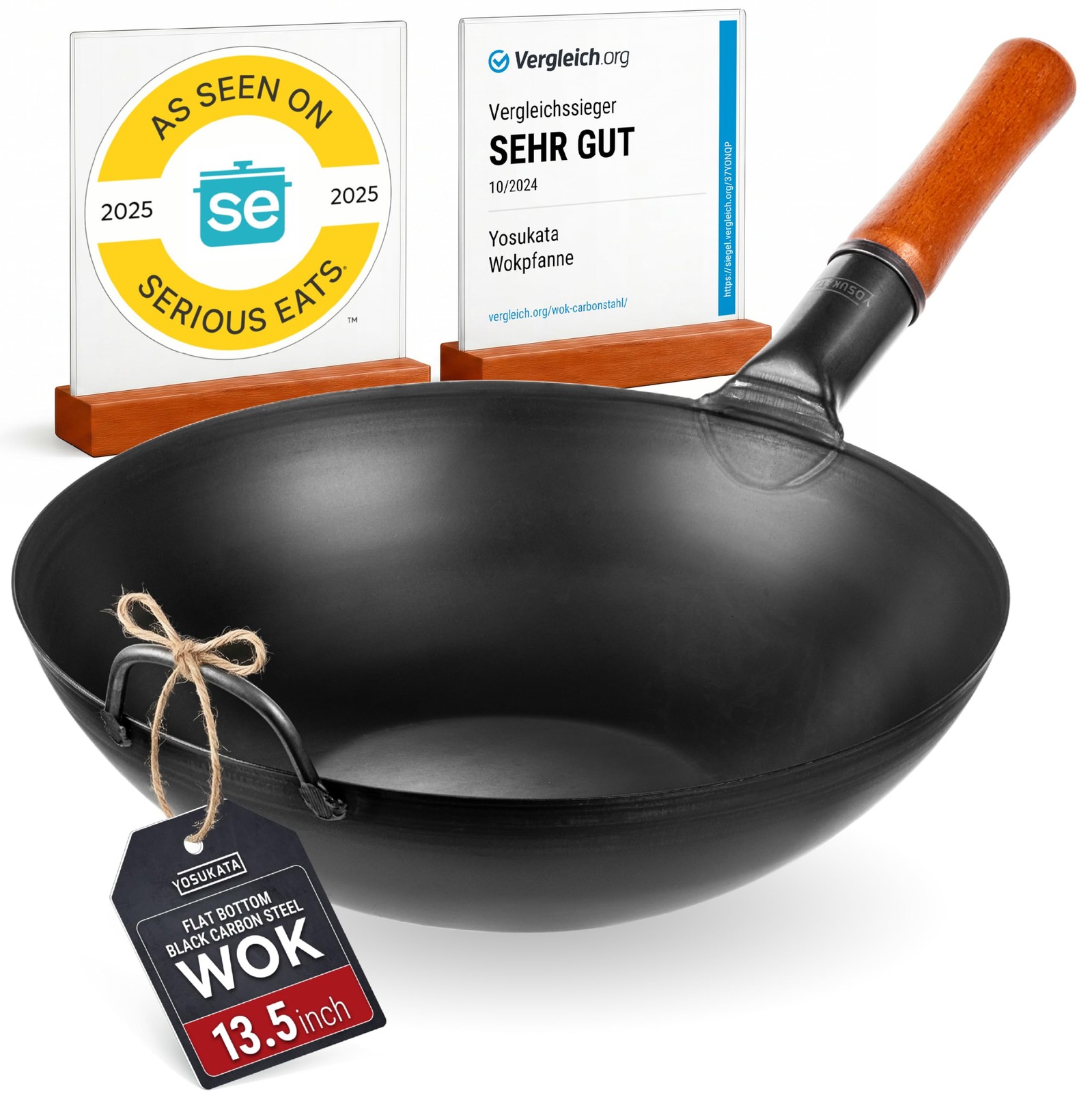 13.5″ Carbon Steel Wok Pan – Pre-Seasoned Flat Bottom Pow Wok for Stir Fry, B…