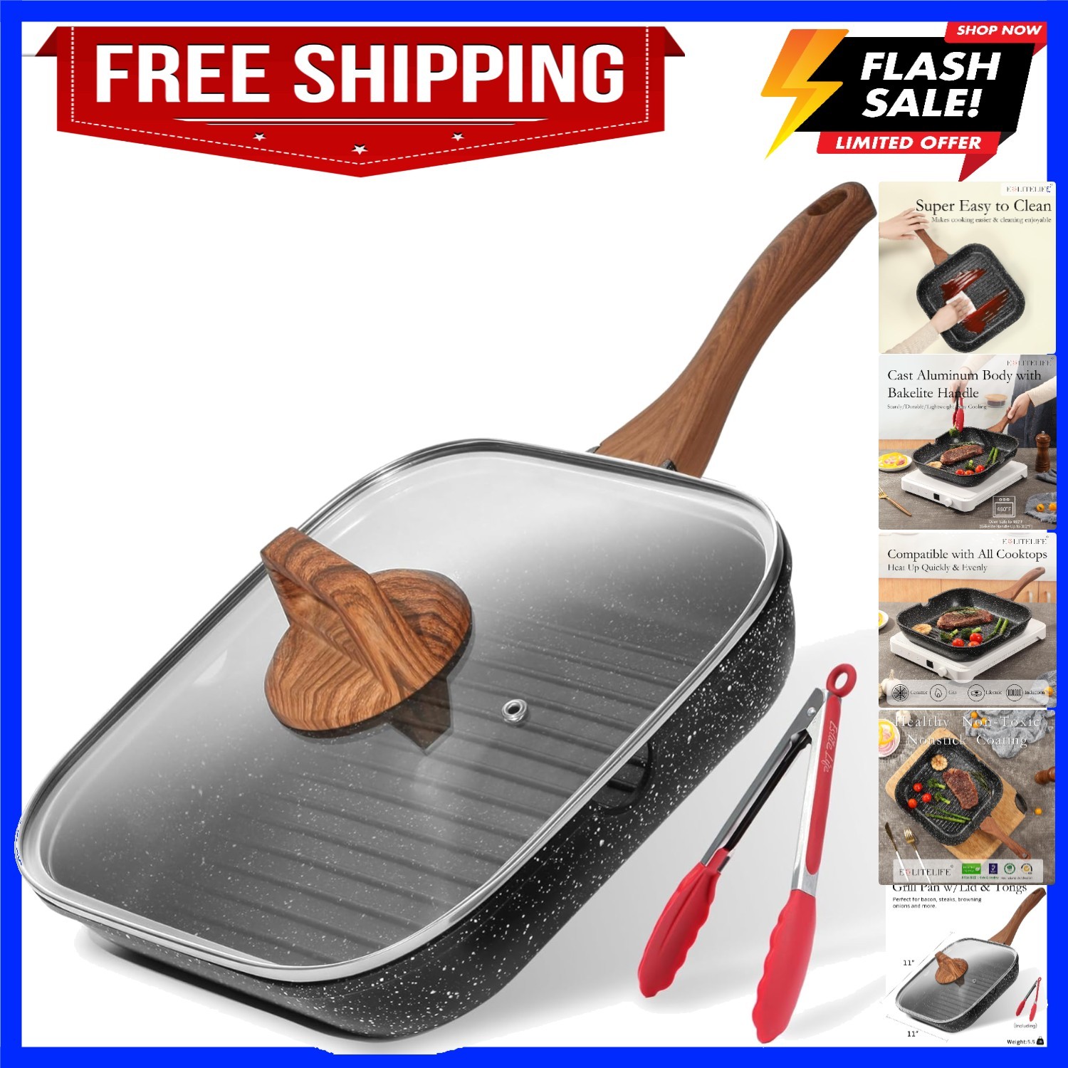 Nonstick Grill Pan with Lid & Tongs for Stove Tops, 11 Inch Versatile Square …