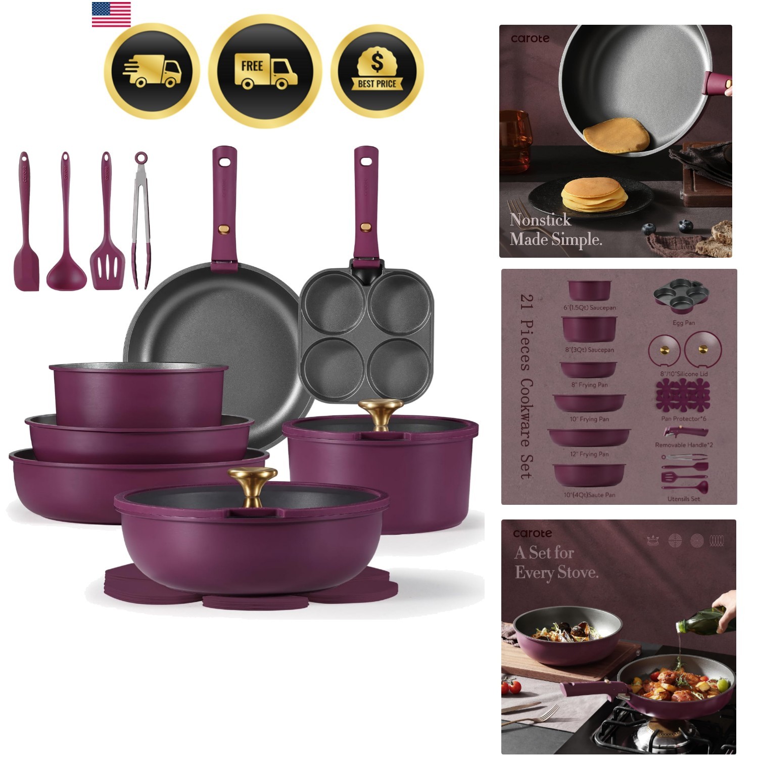 21pcs Pots and Pans Set, Nonstick Cookware Set Detachable Handle, Induction K…