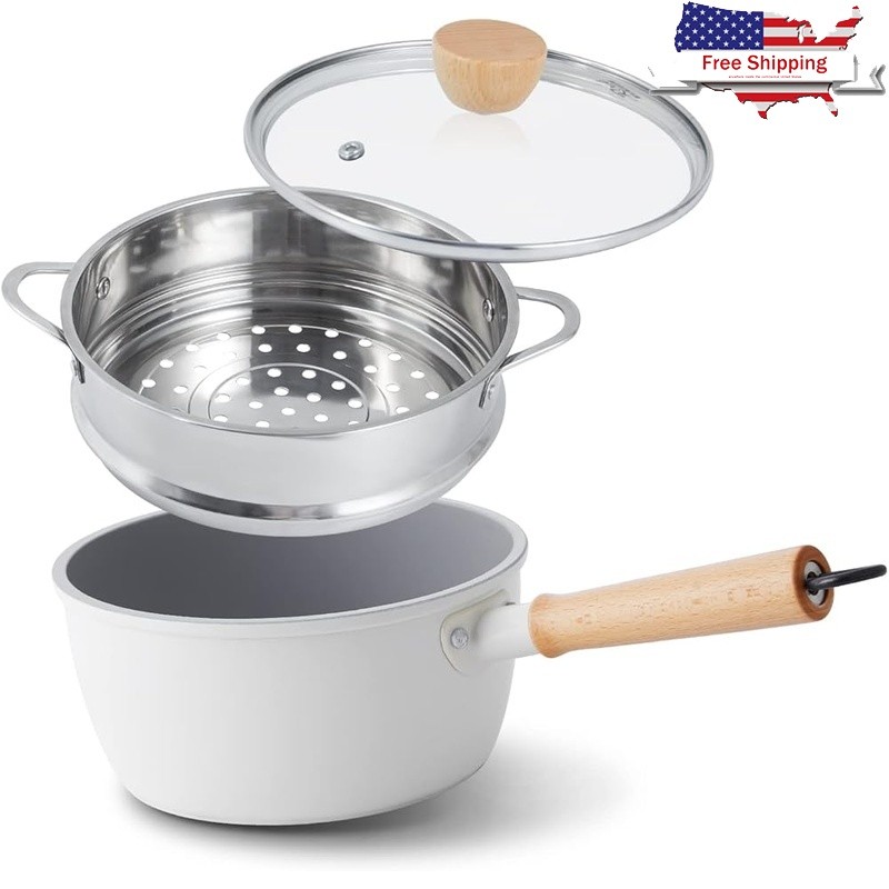 Nonstick Ceramic Saucepan W/ Wooden Handle Steamer Pot Easy Clean Induction Safe