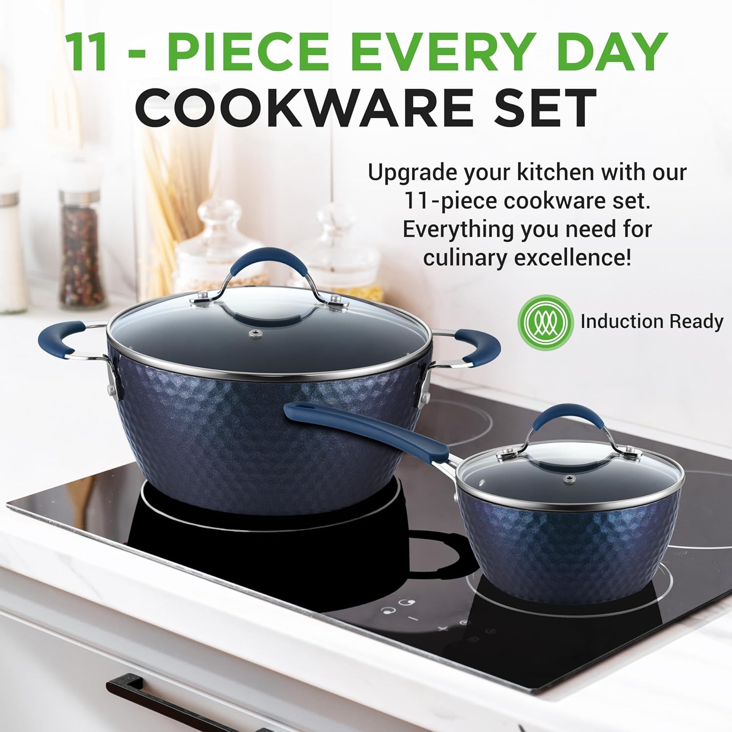 NutriChef 11 Piece Pots and Pans Set – Non Stick Cookware Set – Diamond Blue