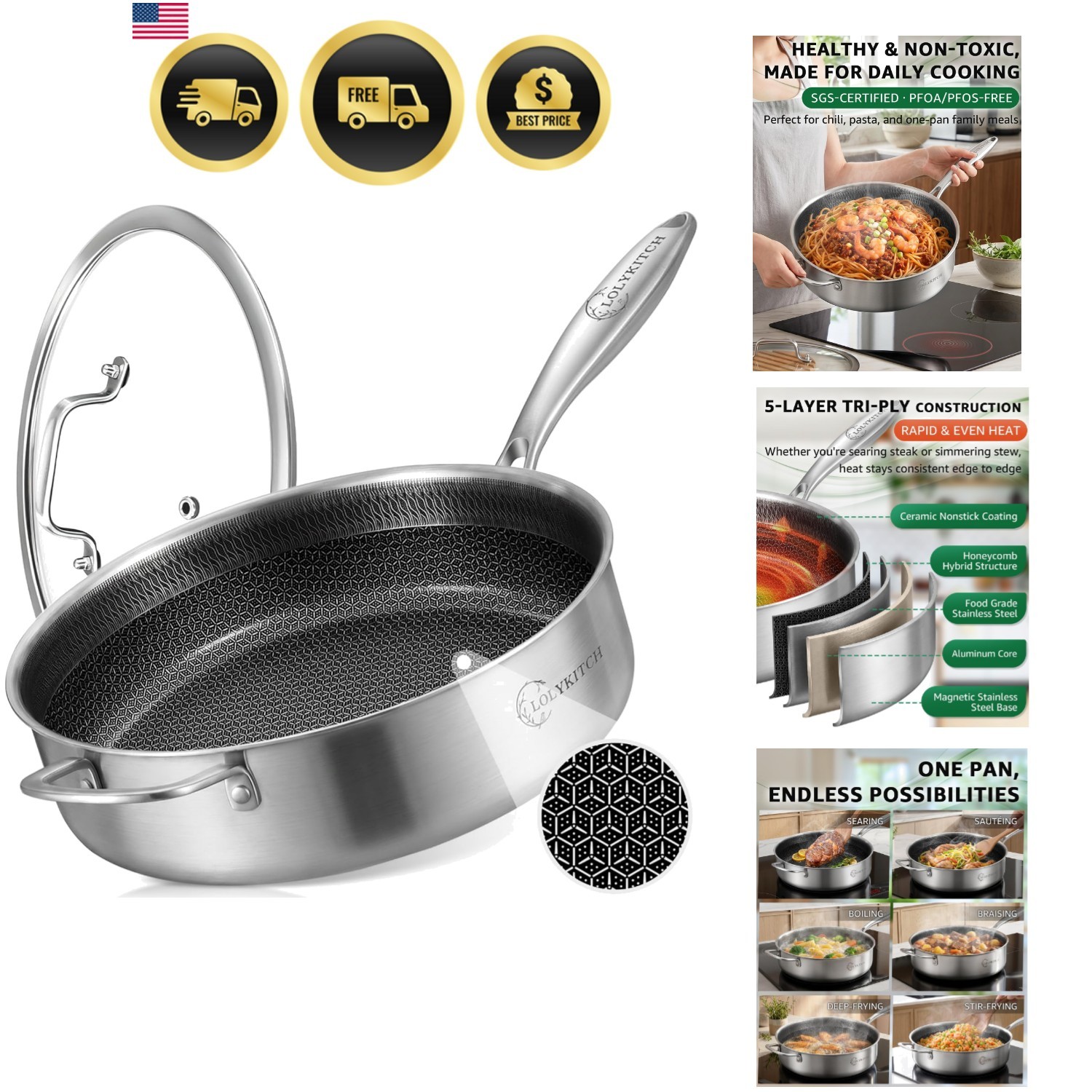 6 QT Large Skillet with Lid, 12 Inch Nonstick Deep Frying Pan | Tri-Ply Stain…