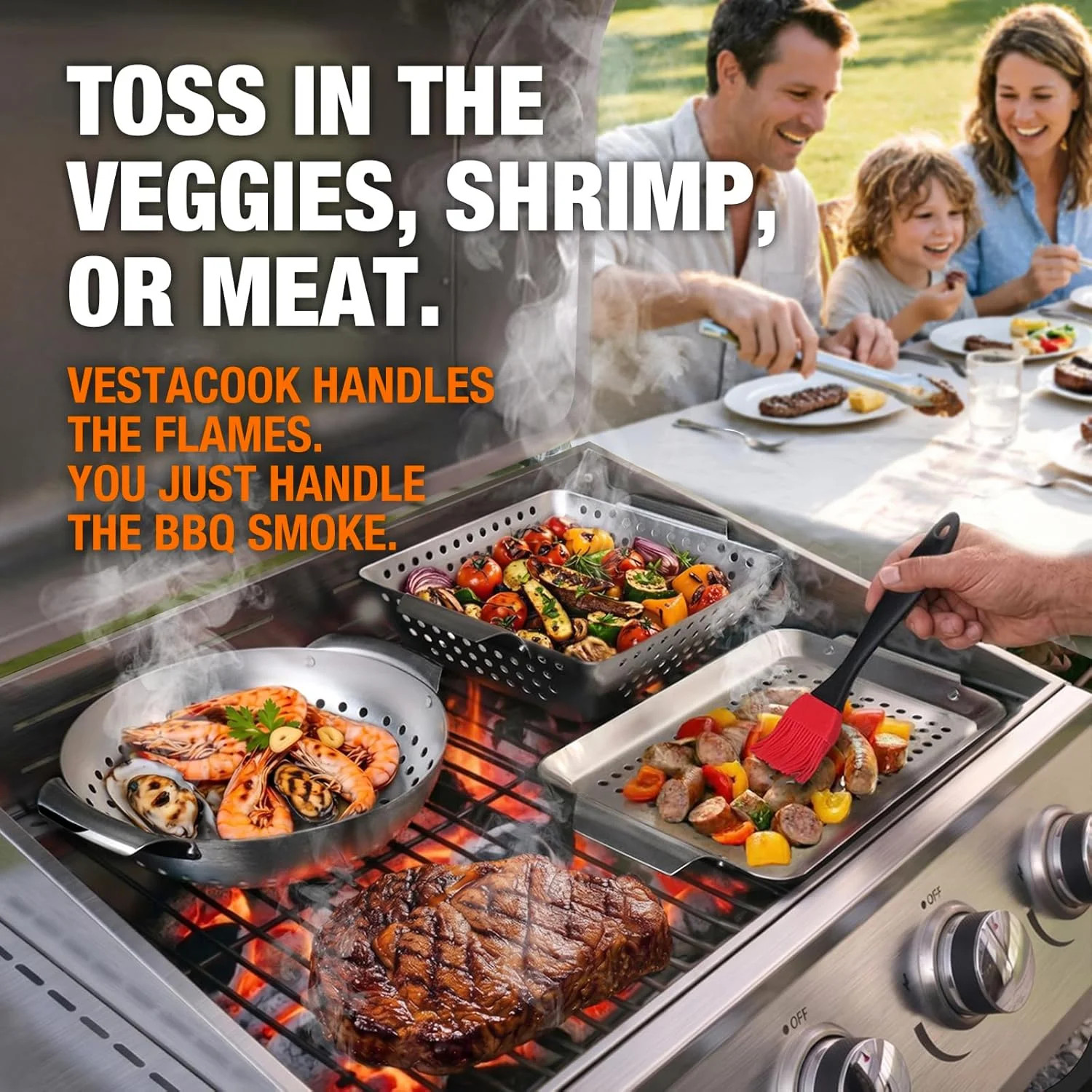 3 Piece Stainless Steel Grill Basket Set with Basting Brush, Heavy Duty Small Ve